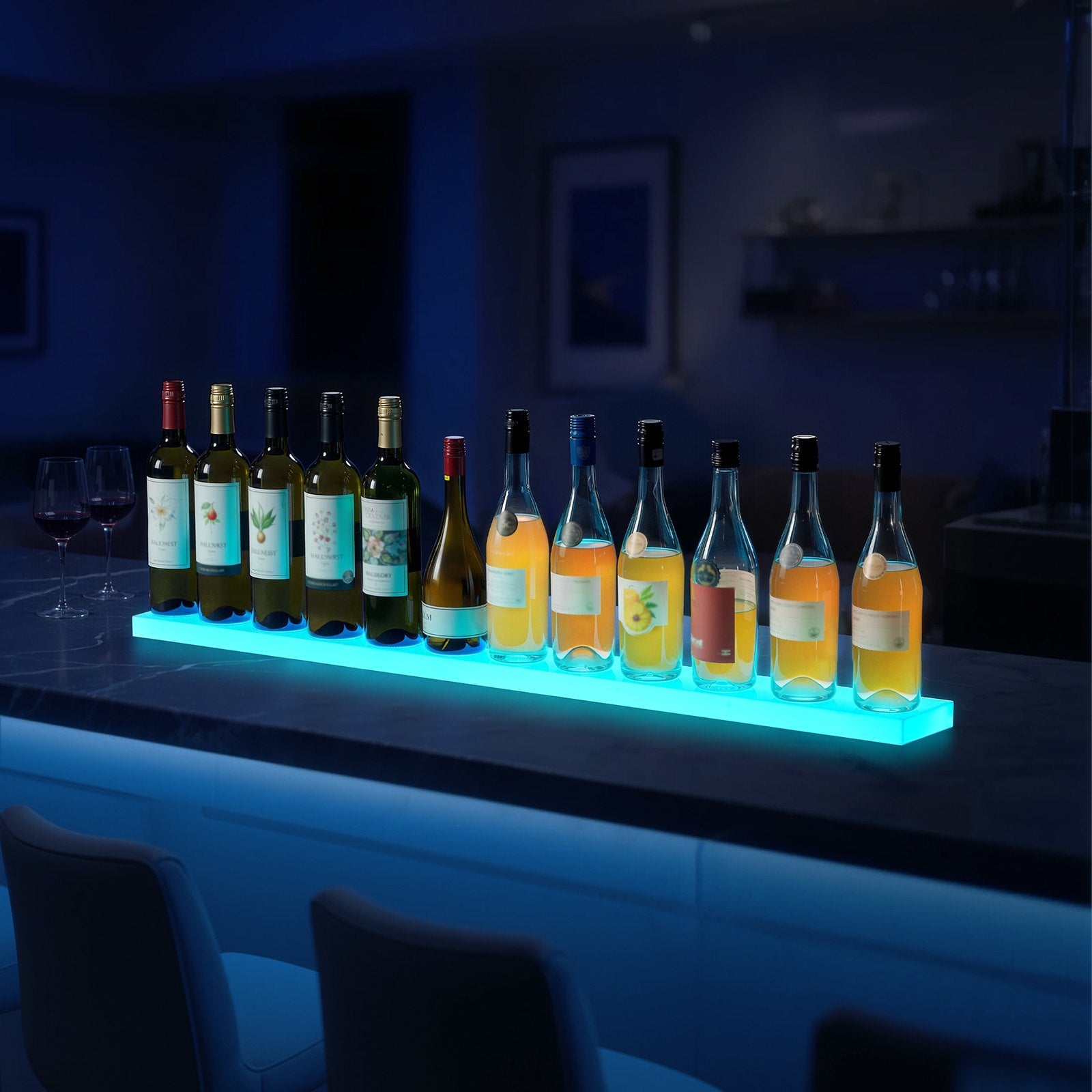 48-Inch LED Lighted Liquor Display Shelf, 1-Tier Whiskey Rack for Home Bars, USB Powered with RF Remote & App Control, 7 Colors, Holds 12 Bottles