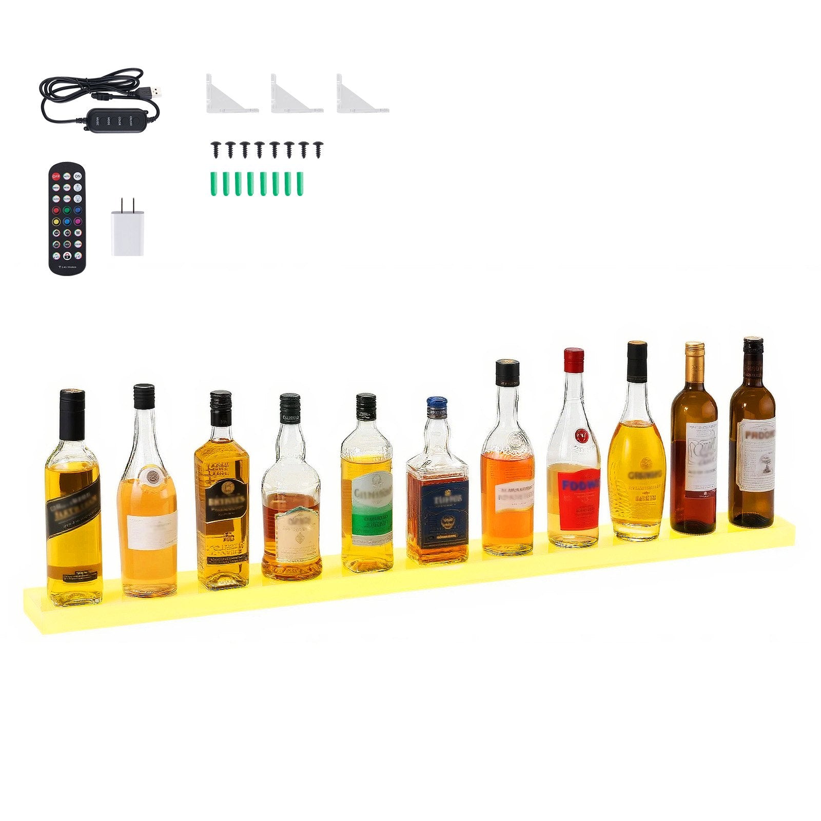 48-Inch LED Lighted Liquor Display Shelf, 1-Tier Whiskey Rack for Home Bars, USB Powered with RF Remote & App Control, 7 Colors, Holds 12 Bottles