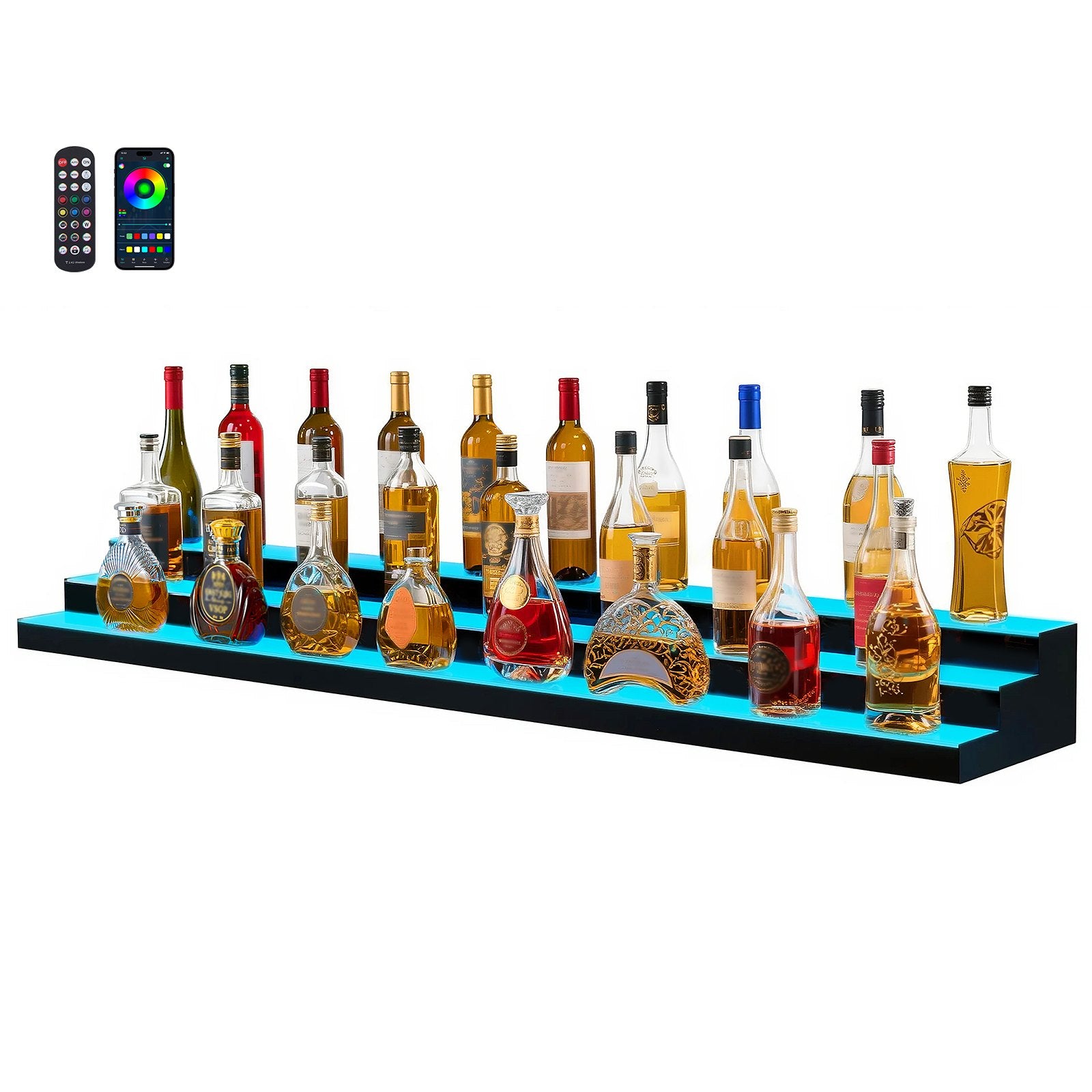 LED Liquor Bottle Display Shelf, 3-Tier 70 Inch with RF Remote & App, 7 Colors, Acrylic Lighted Whiskey Rack for Home Bar, Holds 52 Bottles