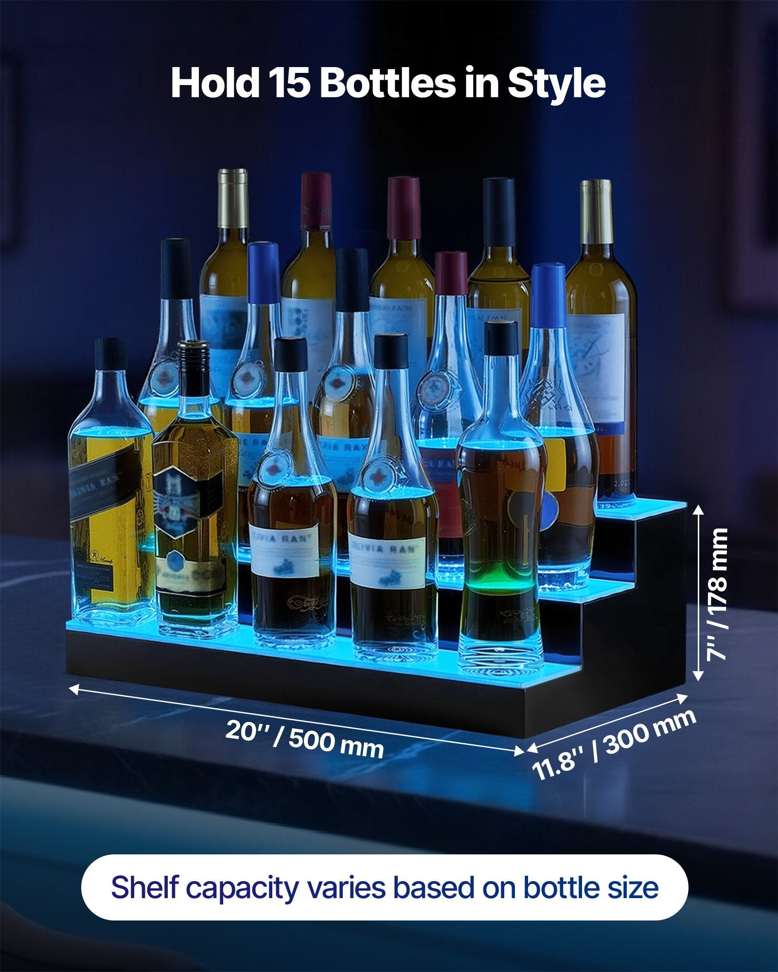 20-Inch LED Whiskey Rack: 3-Tier Liquor Bottle Display with USB, RF Remote & App Control, 9 Colors, Acrylic Bar Shelf for 15 Bottles