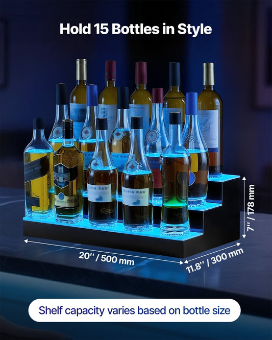20-Inch LED Whiskey Rack: 3-Tier Liquor Bottle Display with USB, RF Remote & App Control, 9 Colors, Acrylic Bar Shelf for 15 Bottles