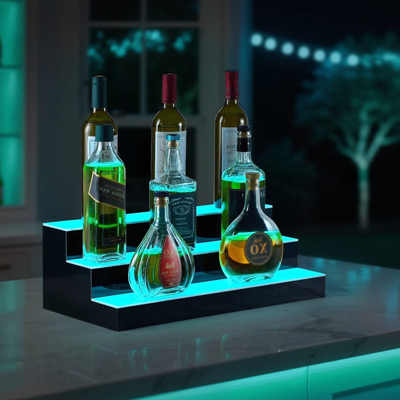 20-Inch LED Whiskey Rack: 3-Tier Liquor Bottle Display with USB, RF Remote & App Control, 9 Colors, Acrylic Bar Shelf for 15 Bottles