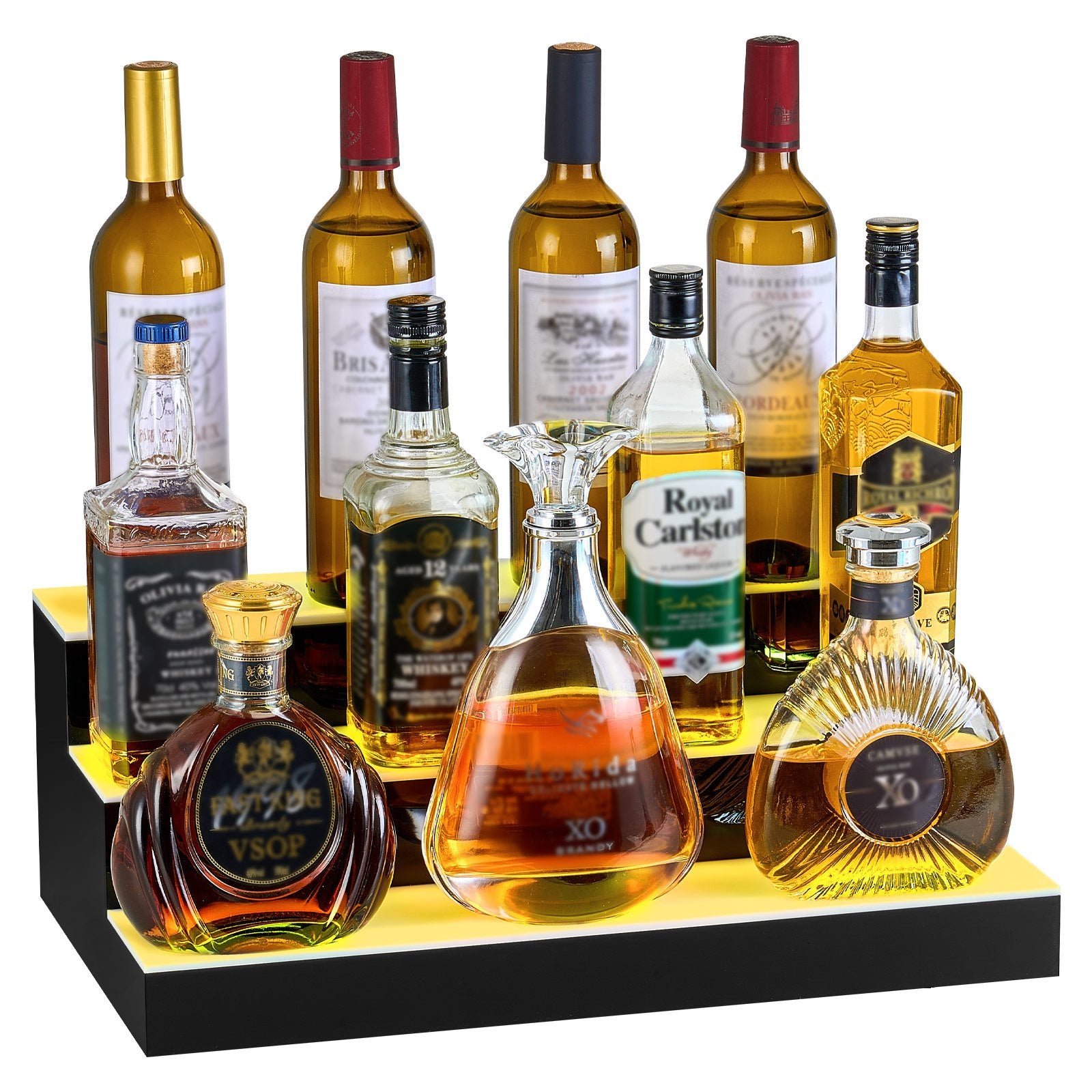20-Inch LED Whiskey Rack: 3-Tier Liquor Bottle Display with USB, RF Remote & App Control, 9 Colors, Acrylic Bar Shelf for 15 Bottles