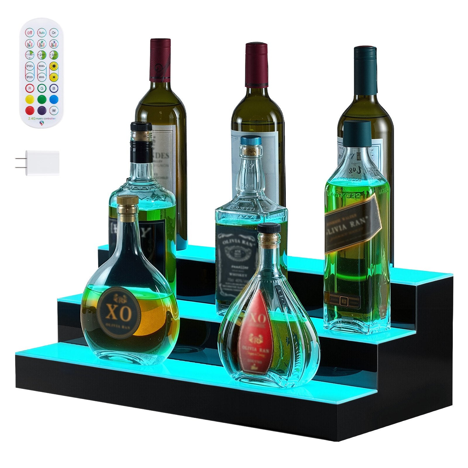 20-Inch LED Whiskey Rack: 3-Tier Liquor Bottle Display with USB, RF Remote & App Control, 9 Colors, Acrylic Bar Shelf for 15 Bottles