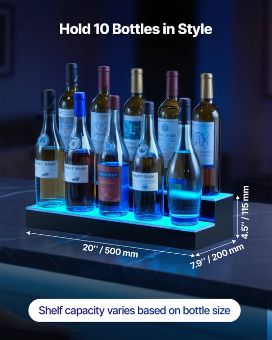 Dual-Control LED Liquor Bottle Display Shelf, 20-Inch 2-Tier Whiskey Rack, USB & App Enabled, 9 Colors, Holds 10 Bottles for Home Bar Decor