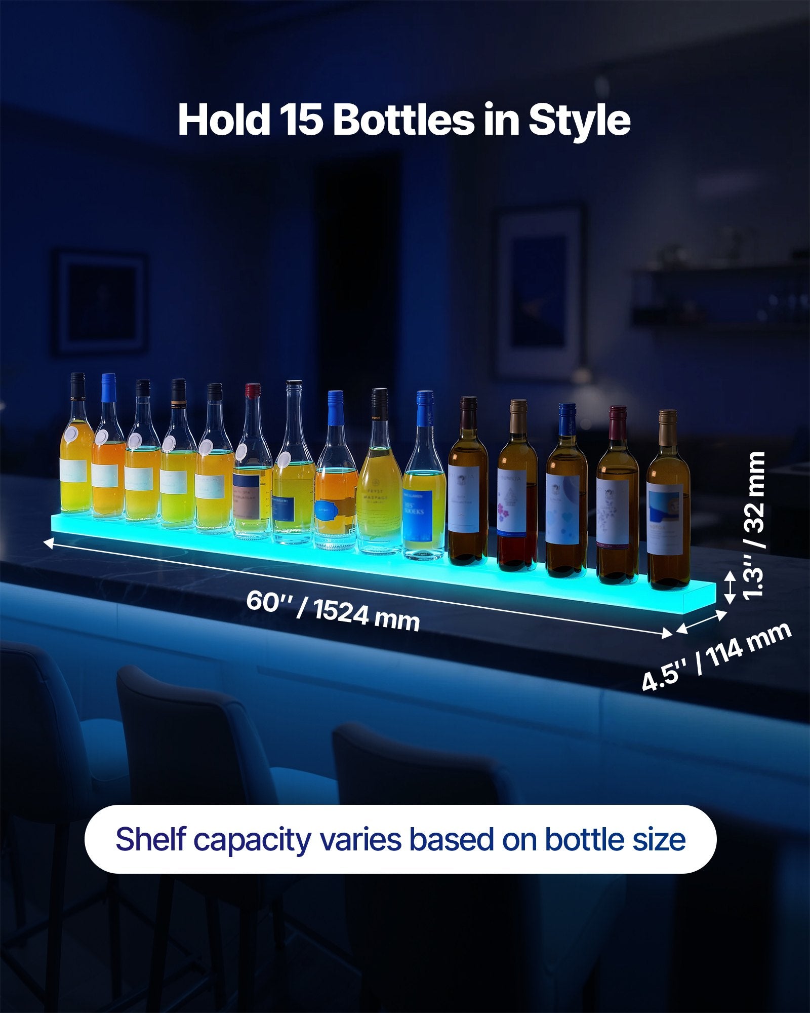 60-Inch LED Lighted Liquor Display Shelf, USB-Powered Whiskey Rack with RF Remote & App, 7 Colors, Acrylic Home Bar Illuminated Stand for 15 Bottles