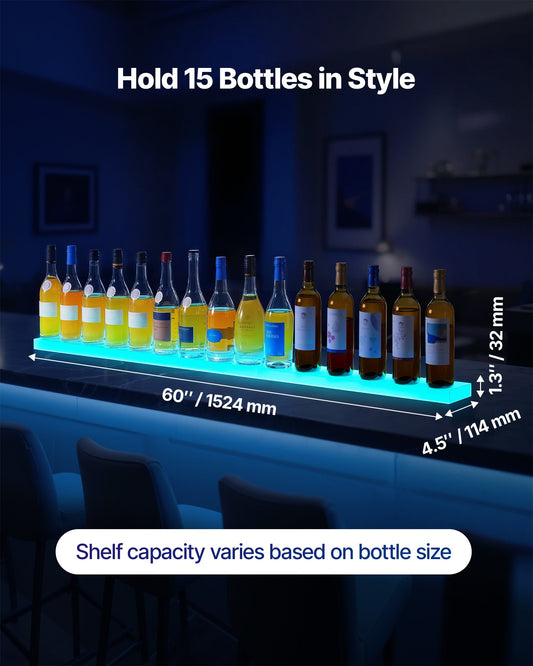 60-Inch LED Lighted Liquor Display Shelf, USB-Powered Whiskey Rack with RF Remote & App, 7 Colors, Acrylic Home Bar Illuminated Stand for 15 Bottles
