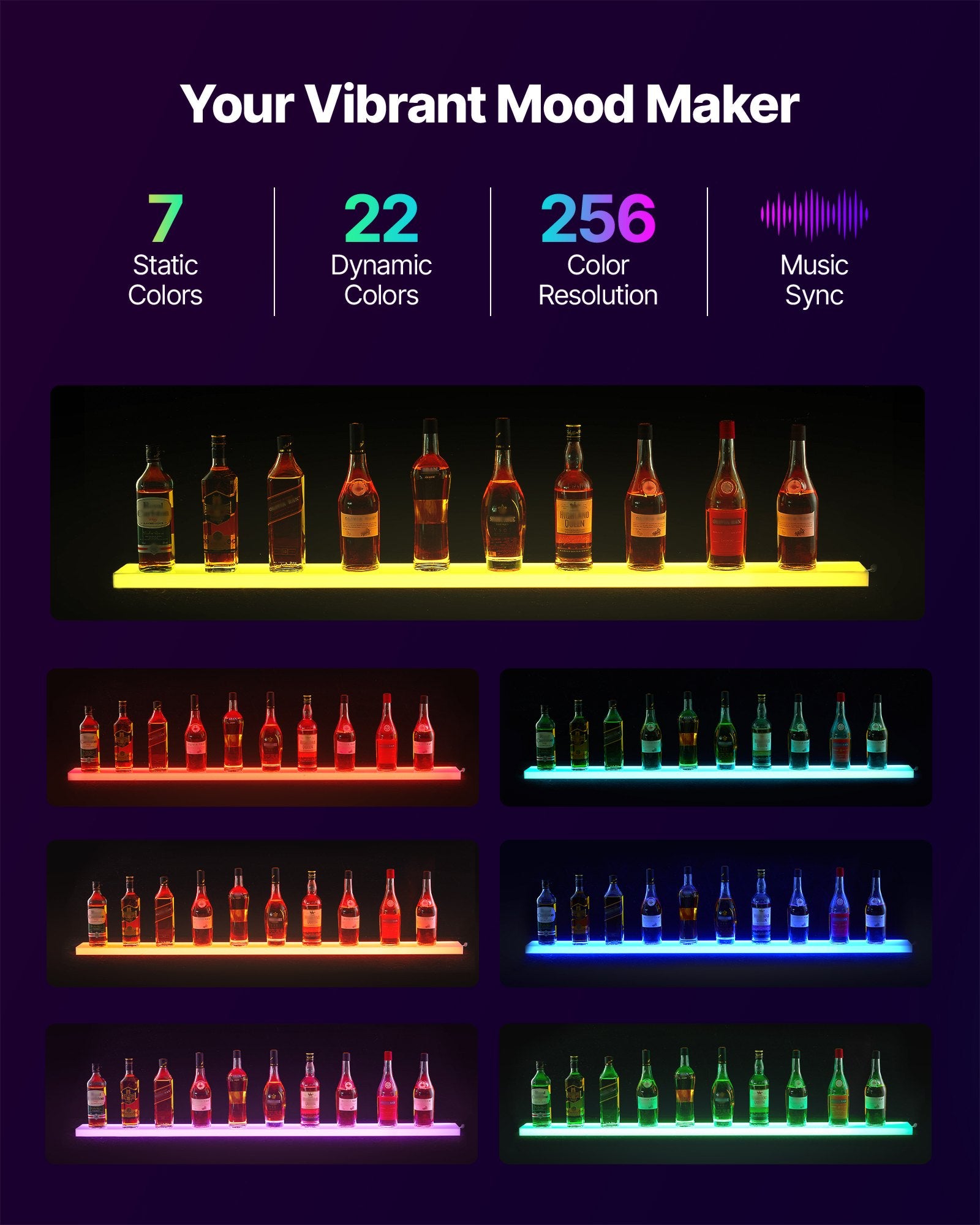 60-Inch LED Lighted Liquor Display Shelf, USB-Powered Whiskey Rack with RF Remote & App, 7 Colors, Acrylic Home Bar Illuminated Stand for 15 Bottles