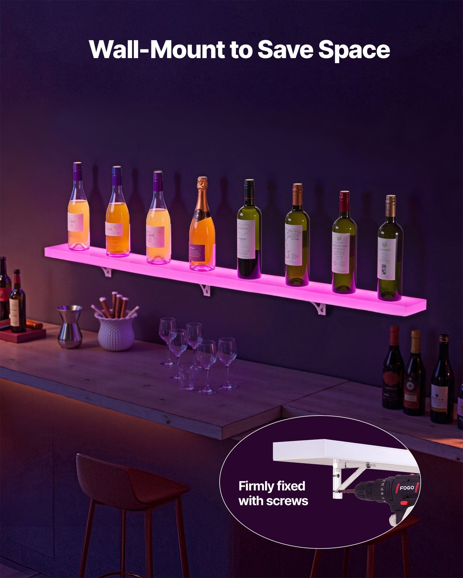 60-Inch LED Lighted Liquor Display Shelf, USB-Powered Whiskey Rack with RF Remote & App, 7 Colors, Acrylic Home Bar Illuminated Stand for 15 Bottles