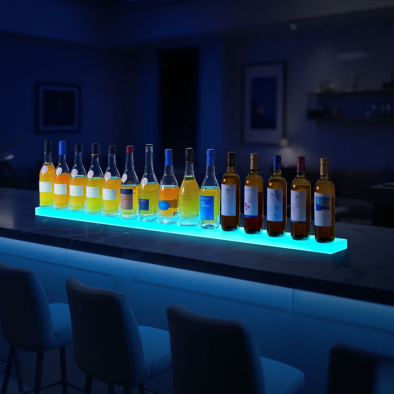 60-Inch LED Lighted Liquor Display Shelf, USB-Powered Whiskey Rack with RF Remote & App, 7 Colors, Acrylic Home Bar Illuminated Stand for 15 Bottles