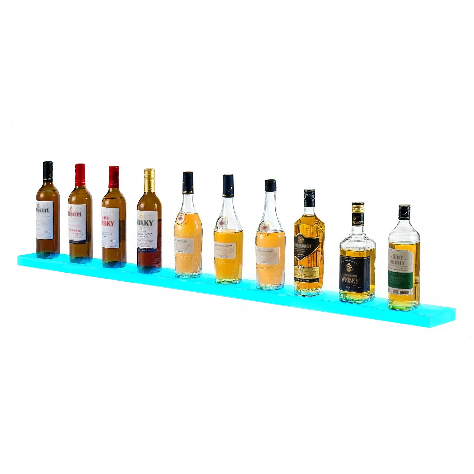 60-Inch LED Lighted Liquor Display Shelf, USB-Powered Whiskey Rack with RF Remote & App, 7 Colors, Acrylic Home Bar Illuminated Stand for 15 Bottles