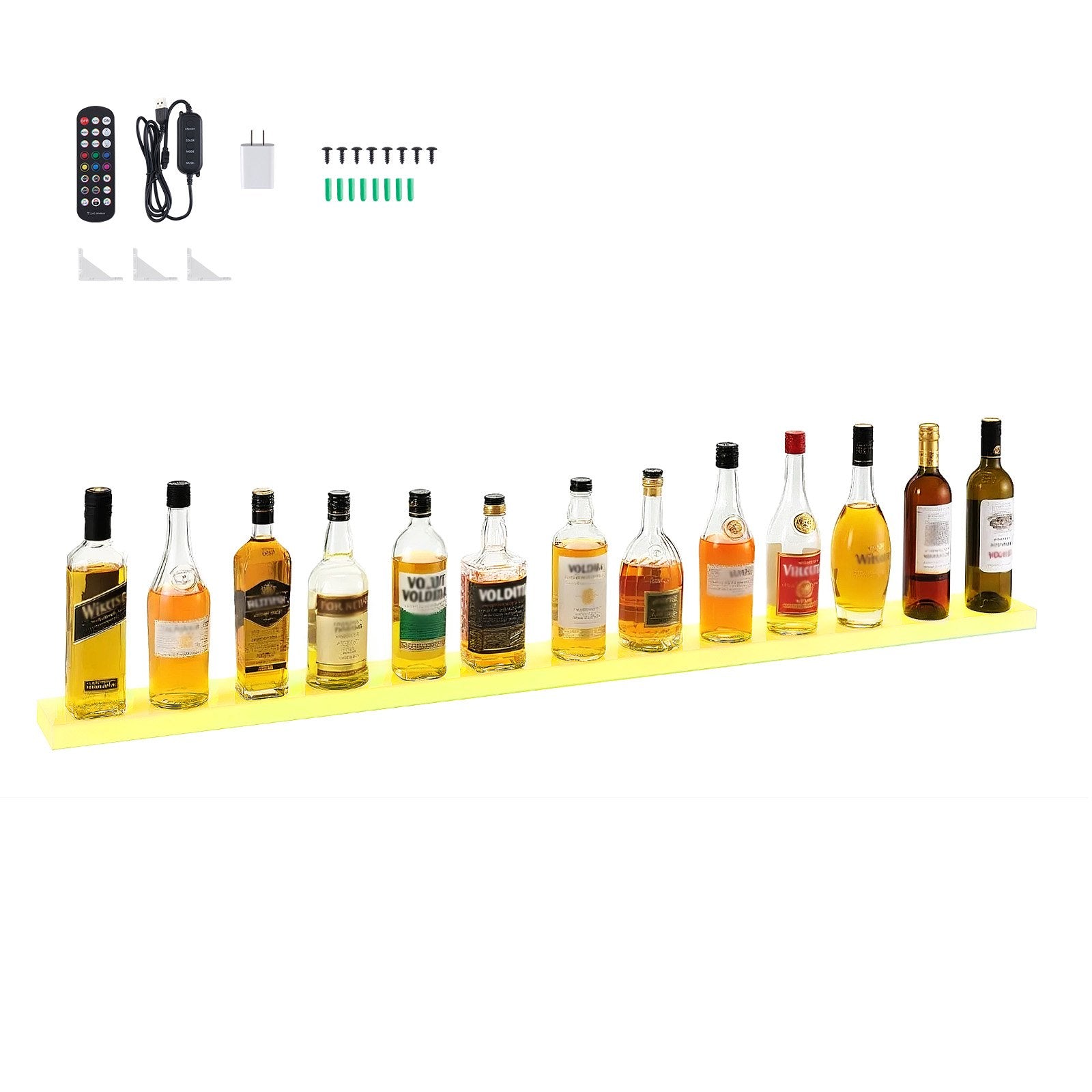 60-Inch LED Lighted Liquor Display Shelf, USB-Powered Whiskey Rack with RF Remote & App, 7 Colors, Acrylic Home Bar Illuminated Stand for 15 Bottles