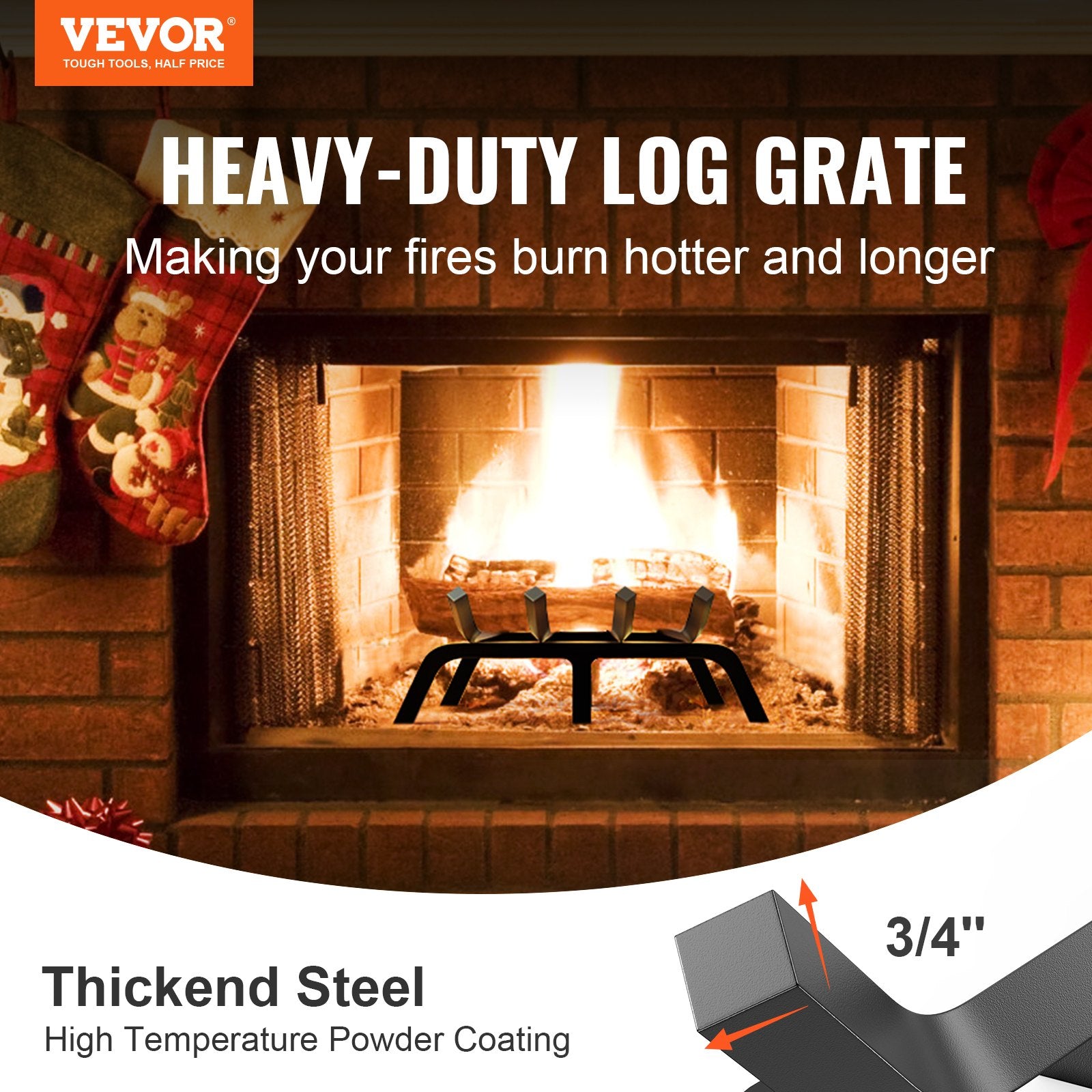 18" Heavy Duty Fireplace Log Grate - 6 Support Legs, Solid Powder-Coated Steel Bars, Firewood Rack Holder for Indoor/Outdoor Use