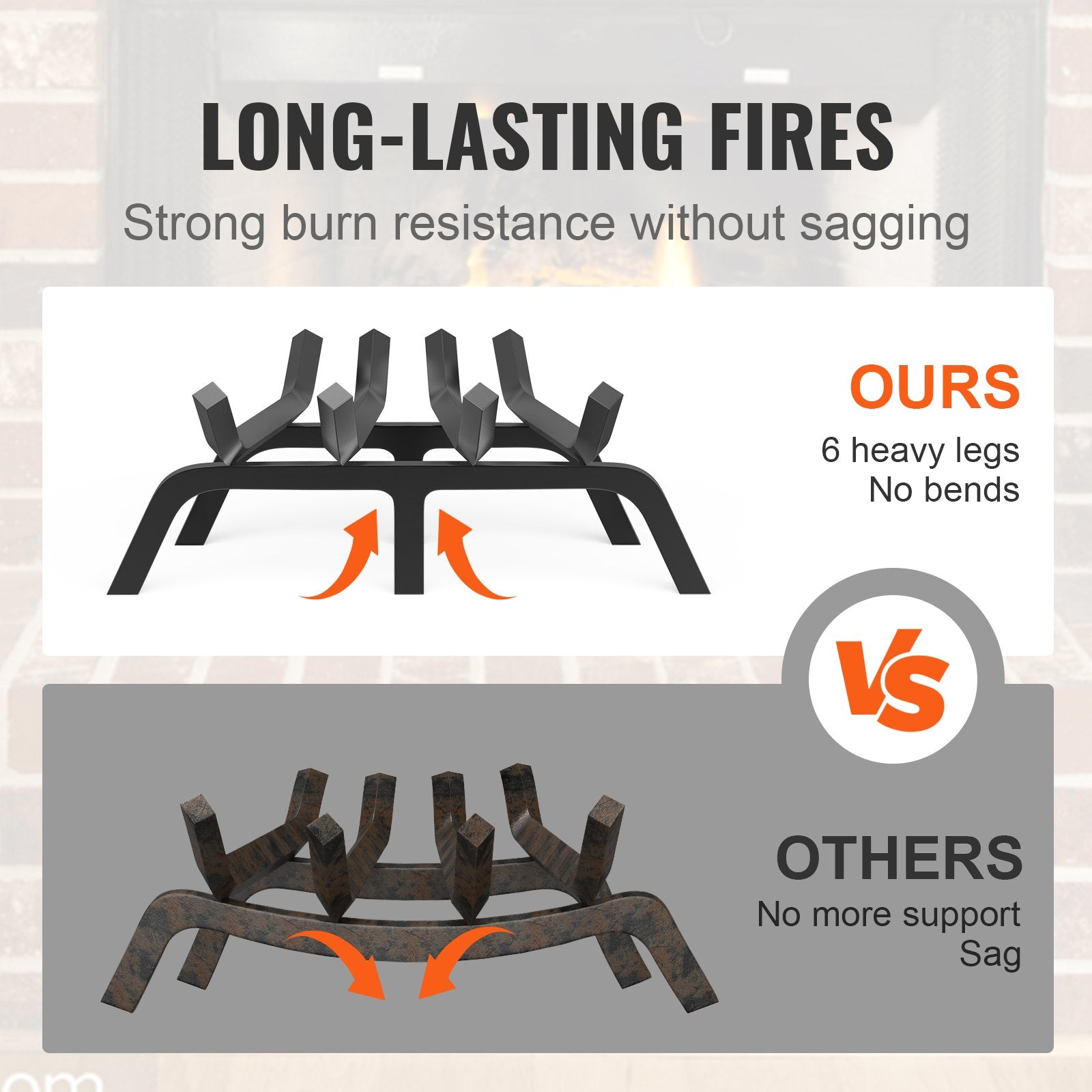 18" Heavy Duty Fireplace Log Grate - 6 Support Legs, Solid Powder-Coated Steel Bars, Firewood Rack Holder for Indoor/Outdoor Use