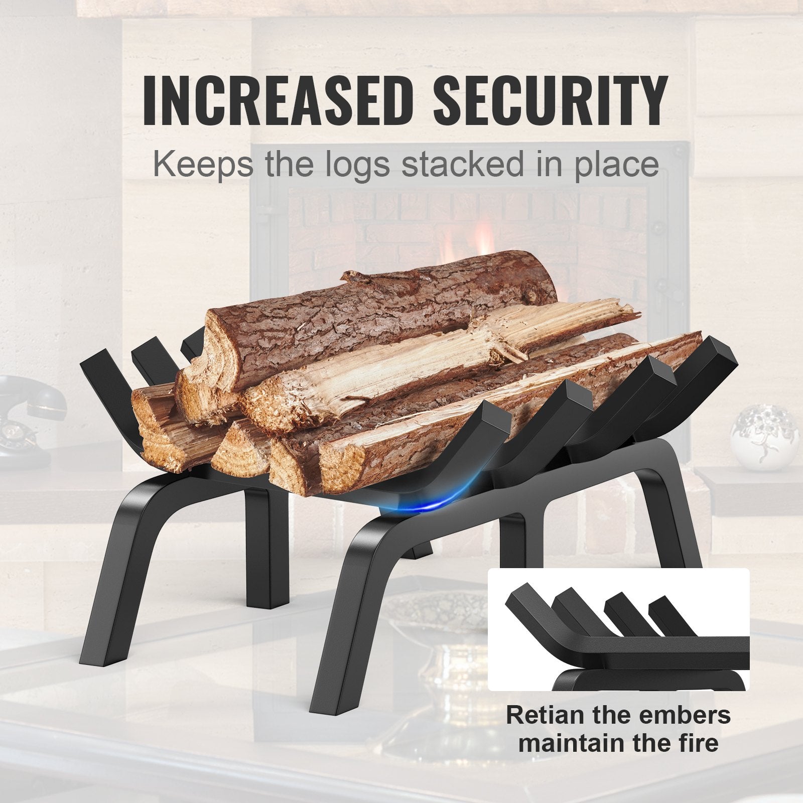 18" Heavy Duty Fireplace Log Grate - 6 Support Legs, Solid Powder-Coated Steel Bars, Firewood Rack Holder for Indoor/Outdoor Use