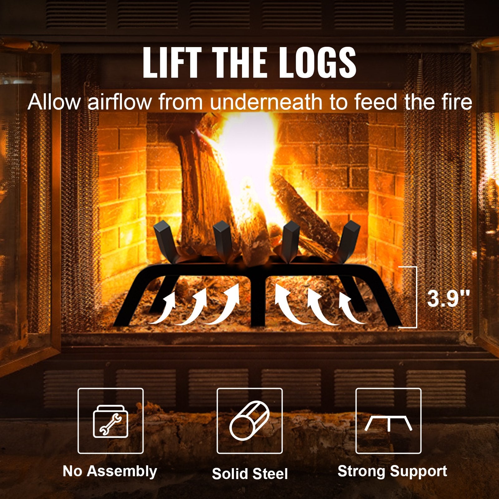 18" Heavy Duty Fireplace Log Grate - 6 Support Legs, Solid Powder-Coated Steel Bars, Firewood Rack Holder for Indoor/Outdoor Use
