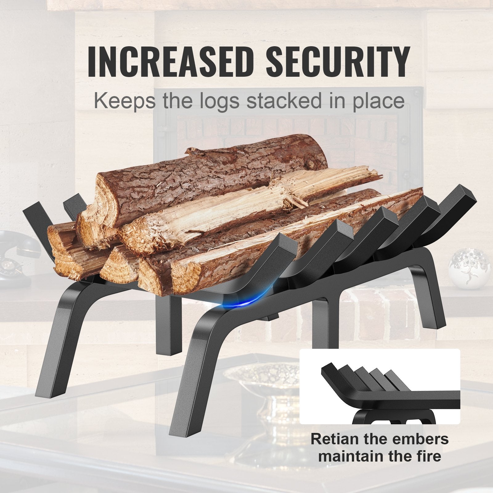 21" Heavy Duty Fireplace Log Grate with 6 Sturdy Legs, 3/4" Steel Bars for Optimal Firewood Burning Indoors & Outdoors, Black Finish