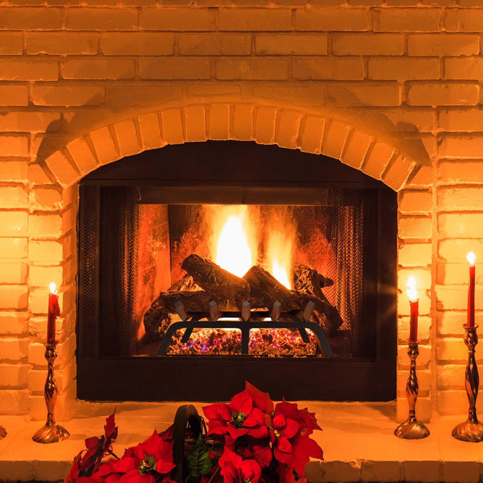 21" Heavy Duty Fireplace Log Grate with 6 Sturdy Legs, 3/4" Steel Bars for Optimal Firewood Burning Indoors & Outdoors, Black Finish
