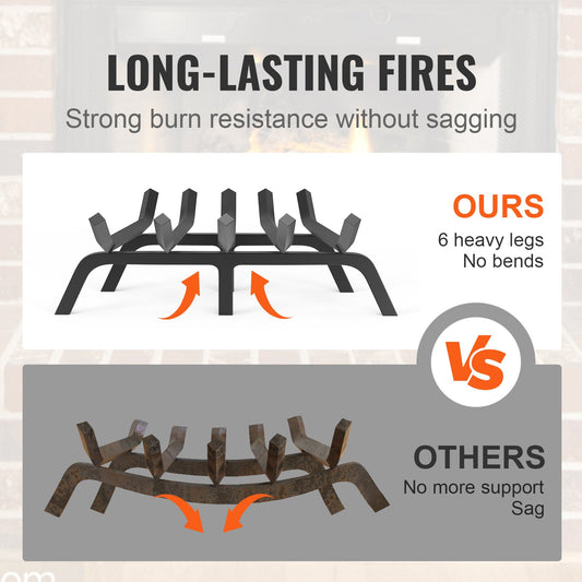 Heavy Duty 24" Fireplace Log Grate with 6 Sturdy Legs, 3/4" Solid Steel Bars, Powder-Coated Rack for Indoor & Outdoor Fires