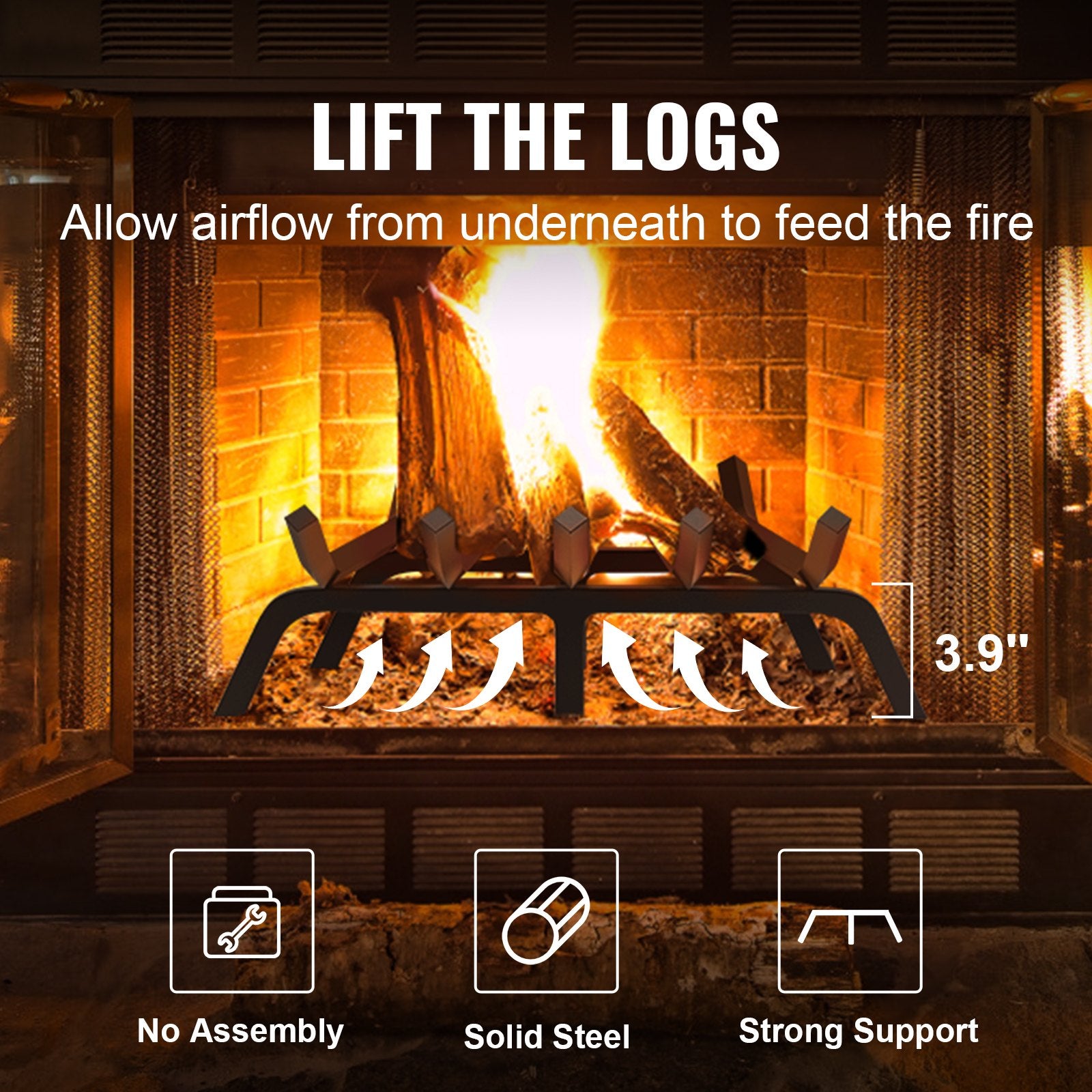 Heavy Duty 24" Fireplace Log Grate with 6 Sturdy Legs, 3/4" Solid Steel Bars, Powder-Coated Rack for Indoor & Outdoor Fires