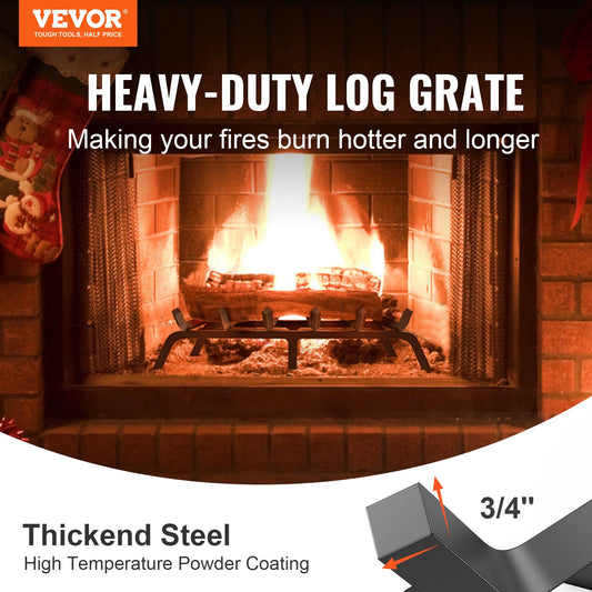 Heavy Duty 27" Fireplace Log Grate with 6 Support Legs, Solid 3/4" Powder-Coated Steel Bars for Indoor/Outdoor Firewood Burning Rack