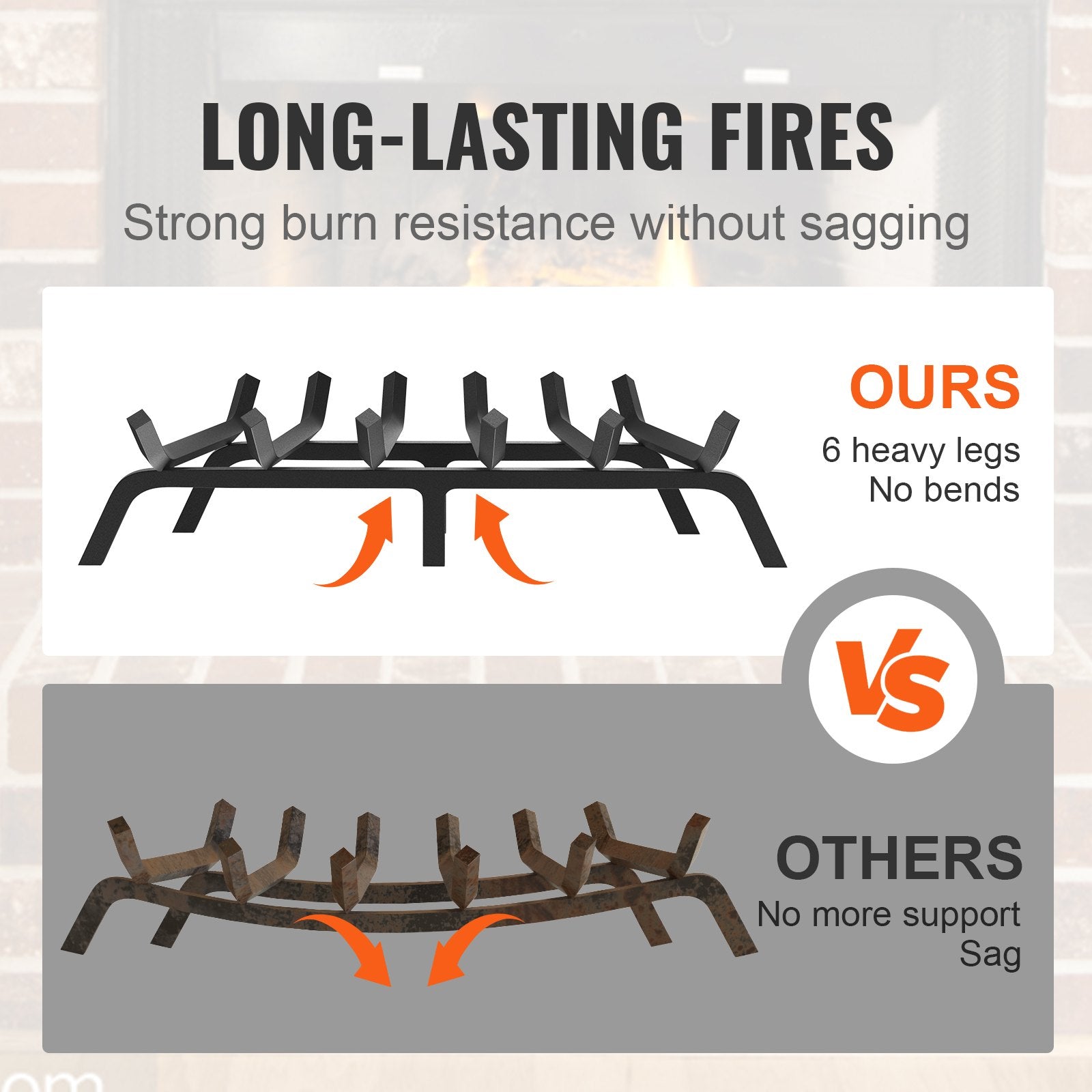 Heavy Duty 27" Fireplace Log Grate with 6 Support Legs, Solid 3/4" Powder-Coated Steel Bars for Indoor/Outdoor Firewood Burning Rack