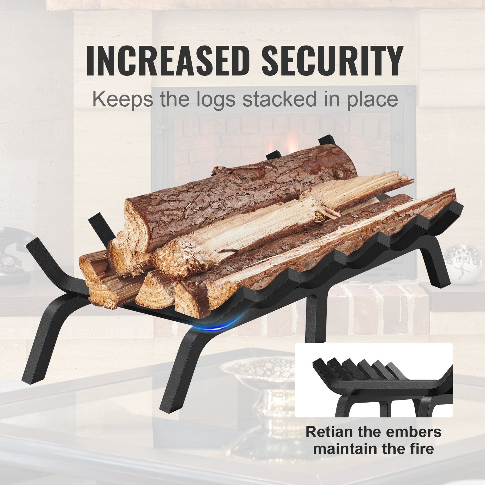 Heavy Duty 27" Fireplace Log Grate with 6 Support Legs, Solid 3/4" Powder-Coated Steel Bars for Indoor/Outdoor Firewood Burning Rack