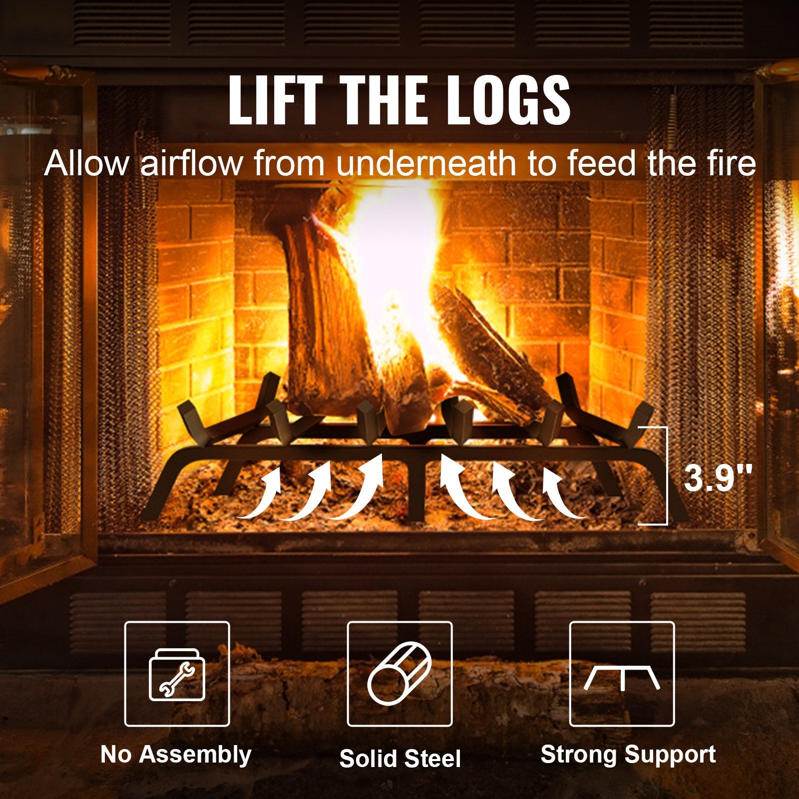 Heavy Duty 27" Fireplace Log Grate with 6 Support Legs, Solid 3/4" Powder-Coated Steel Bars for Indoor/Outdoor Firewood Burning Rack