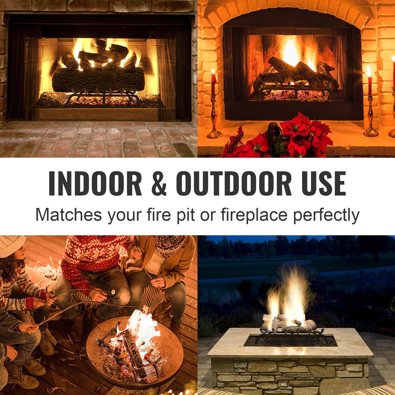 Heavy Duty 27" Fireplace Log Grate with 6 Support Legs, Solid 3/4" Powder-Coated Steel Bars for Indoor/Outdoor Firewood Burning Rack
