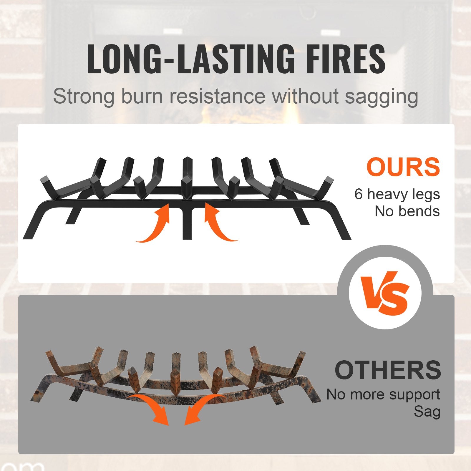 30" Heavy Duty Fireplace Log Grate with 6 Sturdy Legs, 3/4" Powder-Coated Steel Bars - Durable Firewood Rack for Indoor & Outdoor Use