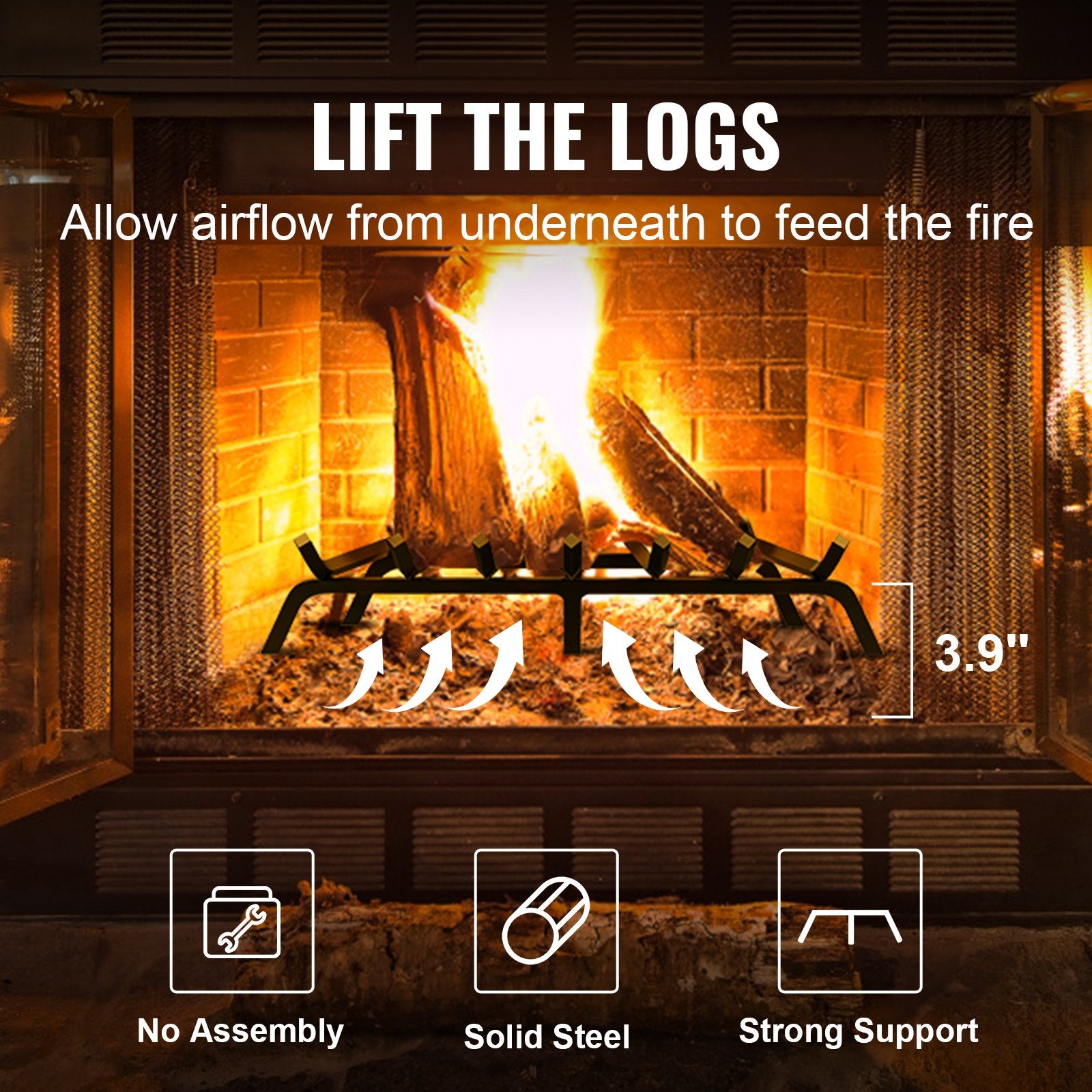 30" Heavy Duty Fireplace Log Grate with 6 Sturdy Legs, 3/4" Powder-Coated Steel Bars - Durable Firewood Rack for Indoor & Outdoor Use