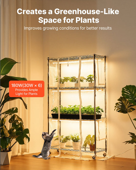 Indoor Greenhouse for Plants with Full Spectrum LED Grow Lights, 59" Tall 4-Tier Metal Stand, Timer, Hygrometer, Energy Efficient, 180W, Clear Cover