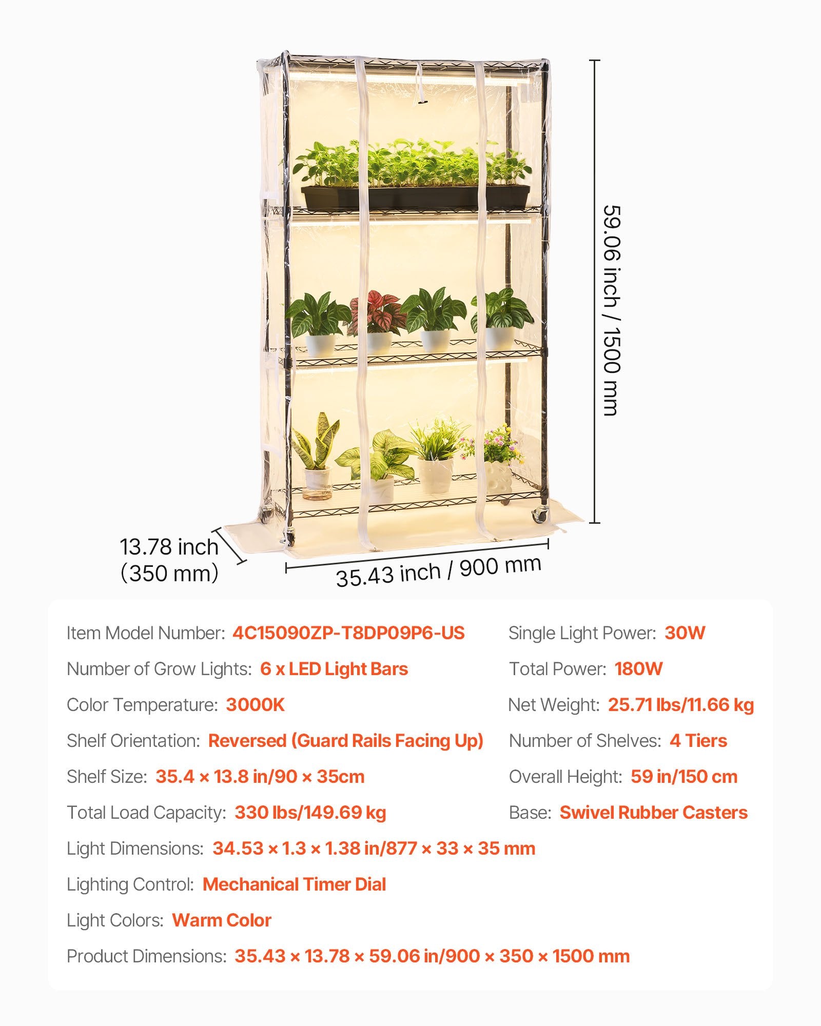 Indoor Greenhouse for Plants with Full Spectrum LED Grow Lights, 59" Tall 4-Tier Metal Stand, Timer, Hygrometer, Energy Efficient, 180W, Clear Cover
