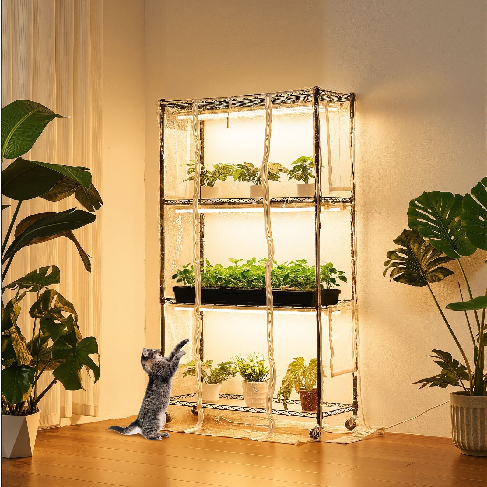 Indoor Greenhouse for Plants with Full Spectrum LED Grow Lights, 59" Tall 4-Tier Metal Stand, Timer, Hygrometer, Energy Efficient, 180W, Clear Cover