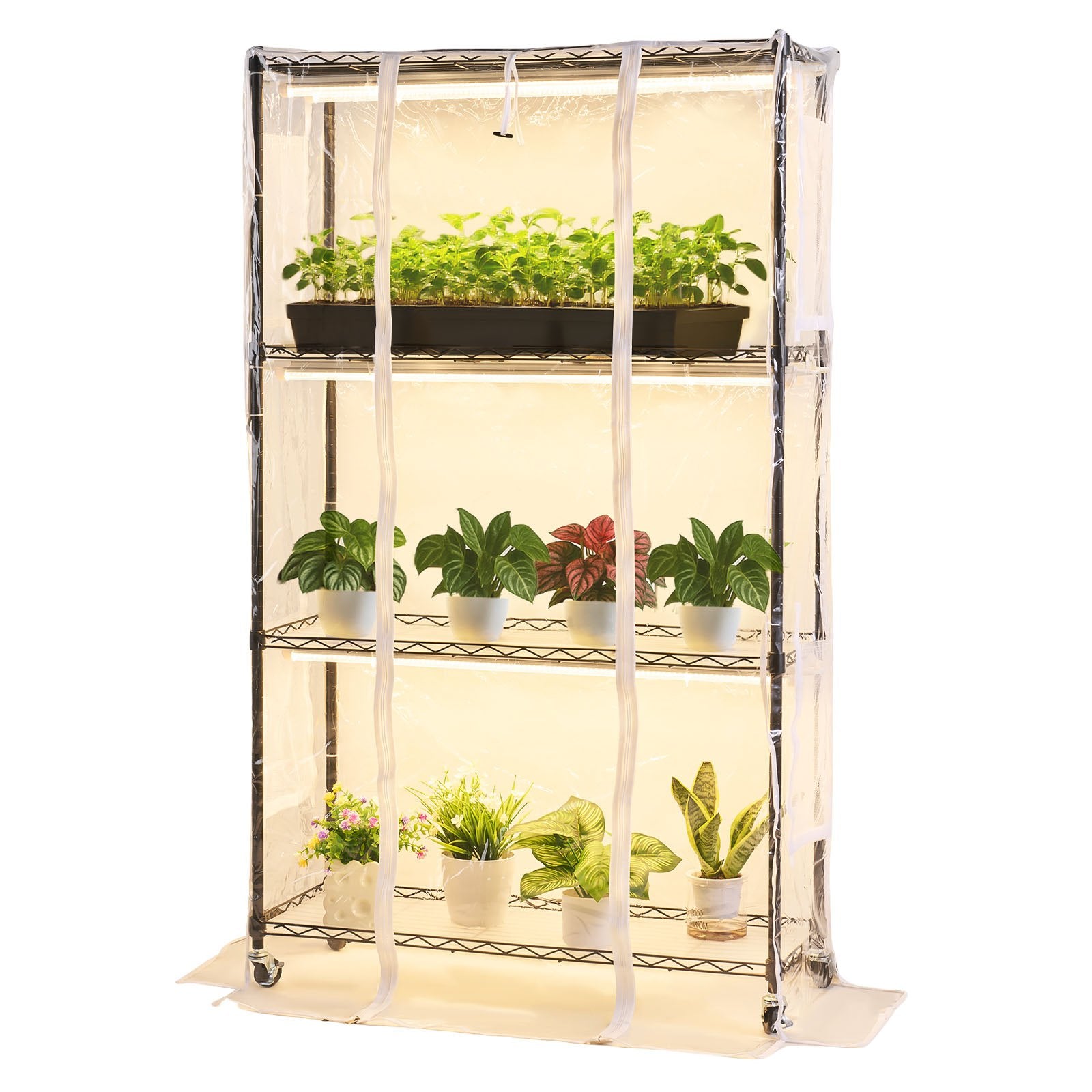 Indoor Greenhouse for Plants with Full Spectrum LED Grow Lights, 59" Tall 4-Tier Metal Stand, Timer, Hygrometer, Energy Efficient, 180W, Clear Cover