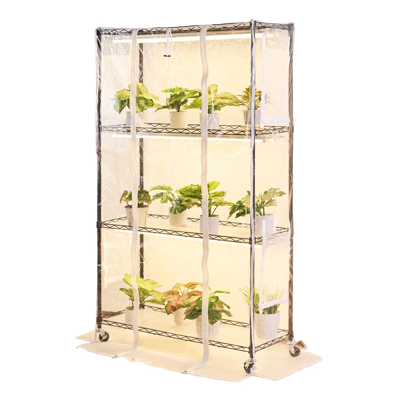 Indoor Greenhouse for Plants with Full Spectrum LED Grow Lights, 59" Tall 4-Tier Metal Stand, Timer, Hygrometer, Energy Efficient, 180W, Clear Cover