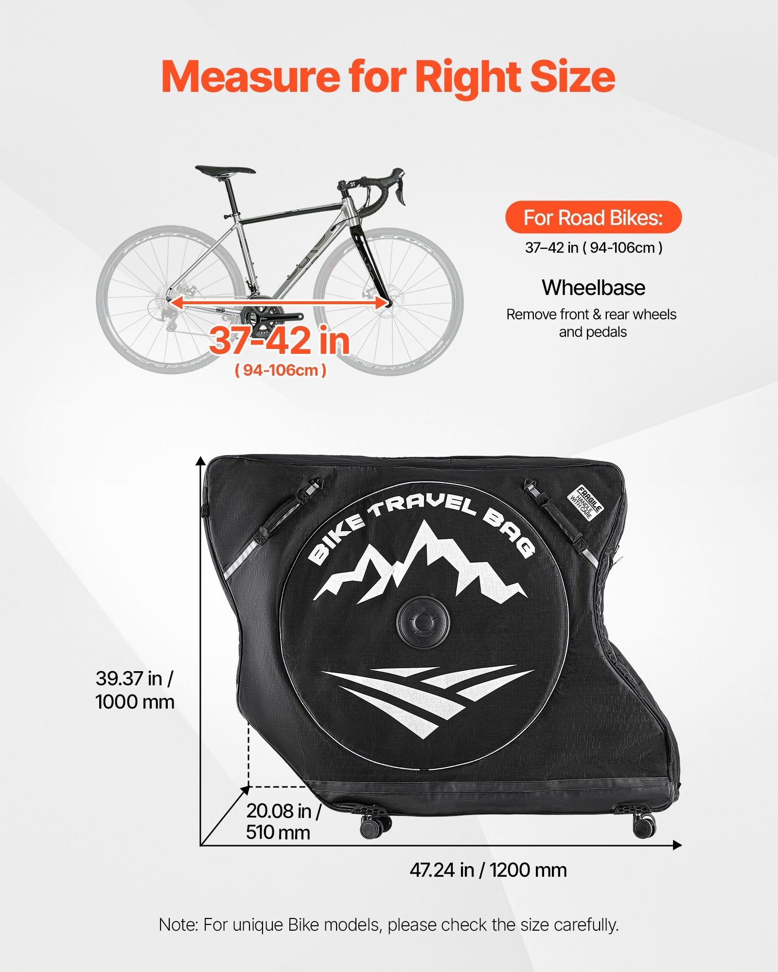 Durable Bike Travel Bag with TSA Lock & Dual Zipper - Ideal for Road Bikes, Air Travel, Car, Train & Subway Transport, 37-42 inch Wheelbase