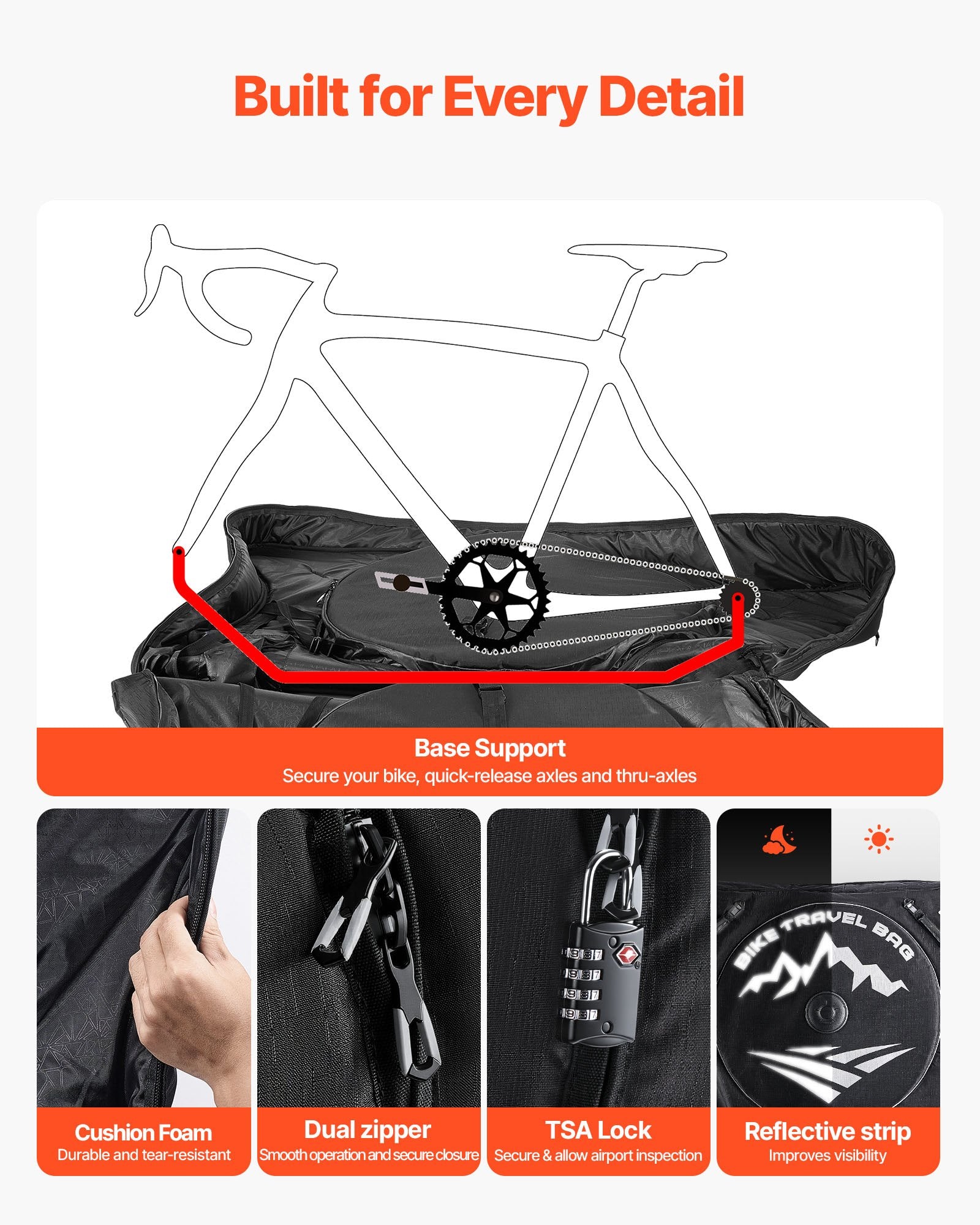 Durable Bike Travel Bag with TSA Lock & Dual Zipper - Ideal for Road Bikes, Air Travel, Car, Train & Subway Transport, 37-42 inch Wheelbase