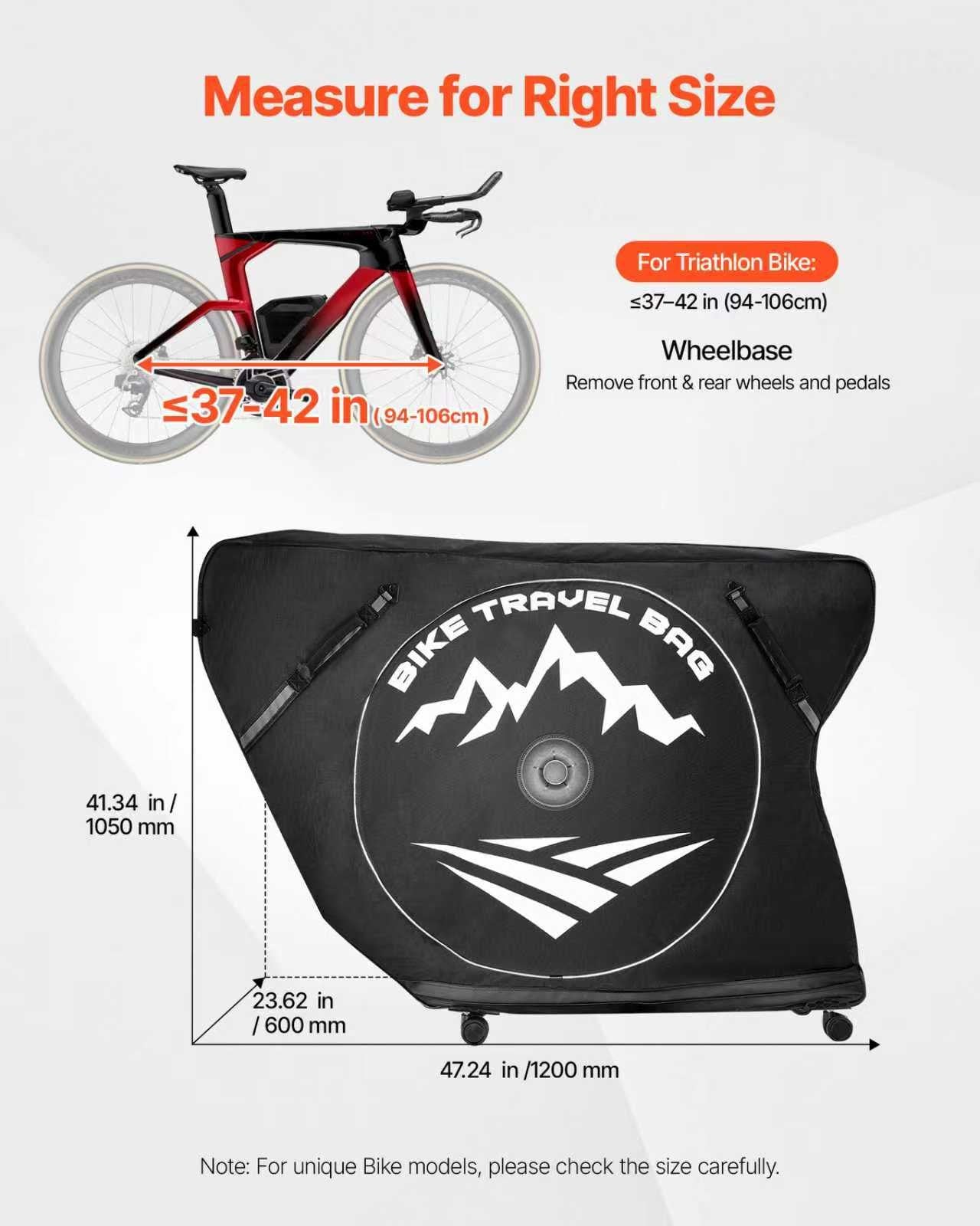 Triathlon Bike Transport Case with TSA Lock, Dual Zipper, Max 42" Wheelbase - Ultimate Storage for Travel, Train, Airplane, Subway Use