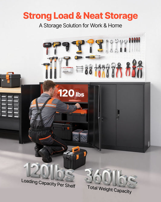 Robust Steel Garage Cabinet, 41.7" Black Metal Storage with Lockable Doors, 3-Tier Adjustable Shelves for Office, Basement, Warehouse, Pantry