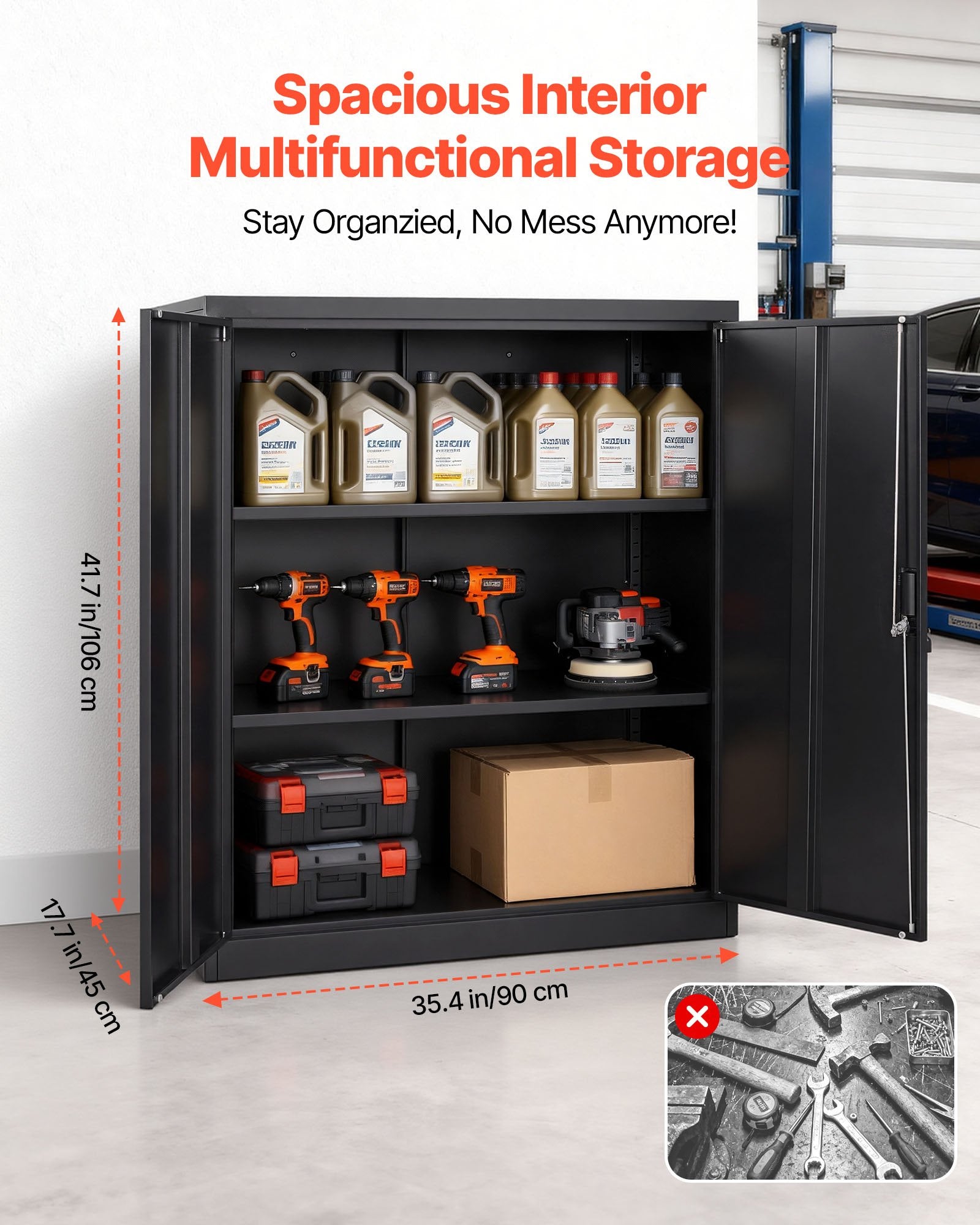 Robust Steel Garage Cabinet, 41.7" Black Metal Storage with Lockable Doors, 3-Tier Adjustable Shelves for Office, Basement, Warehouse, Pantry