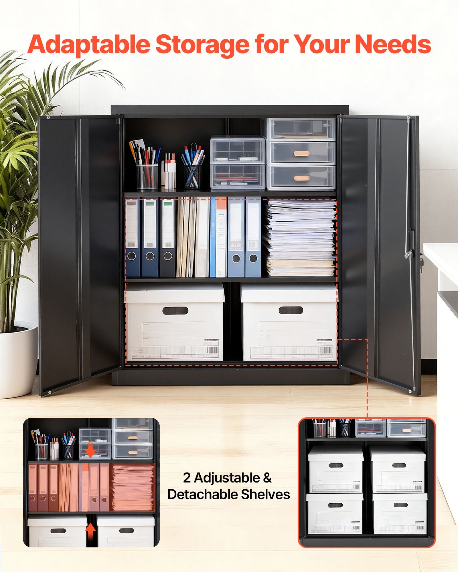 Robust Steel Garage Cabinet, 41.7" Black Metal Storage with Lockable Doors, 3-Tier Adjustable Shelves for Office, Basement, Warehouse, Pantry