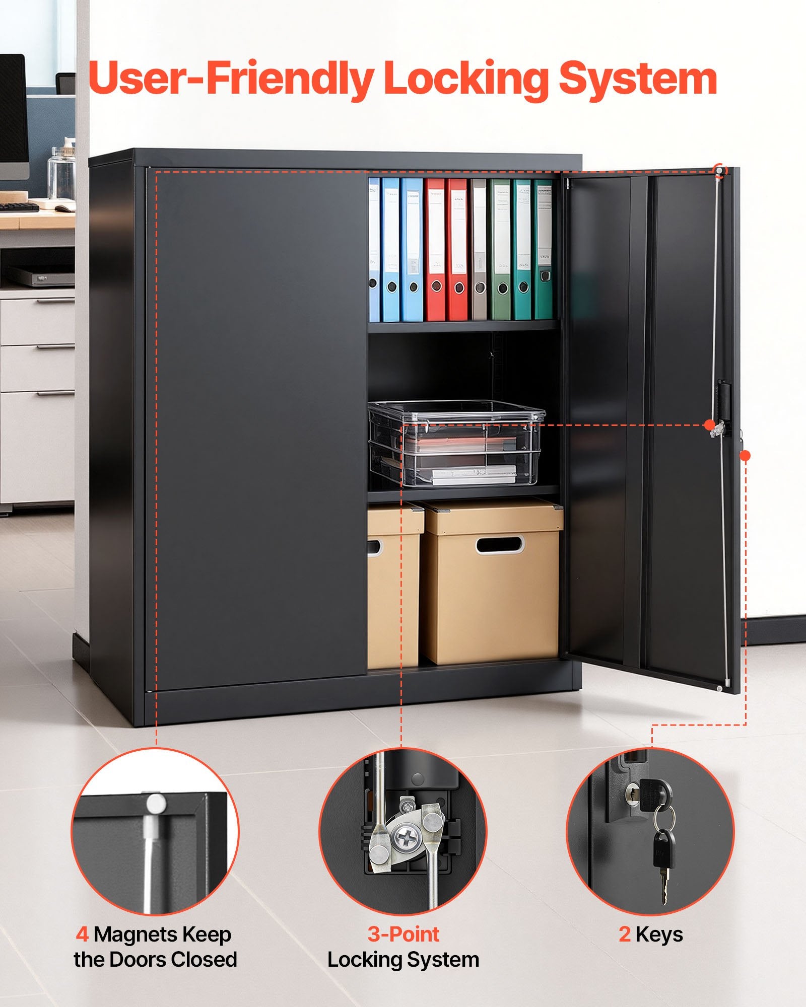 Robust Steel Garage Cabinet, 41.7" Black Metal Storage with Lockable Doors, 3-Tier Adjustable Shelves for Office, Basement, Warehouse, Pantry