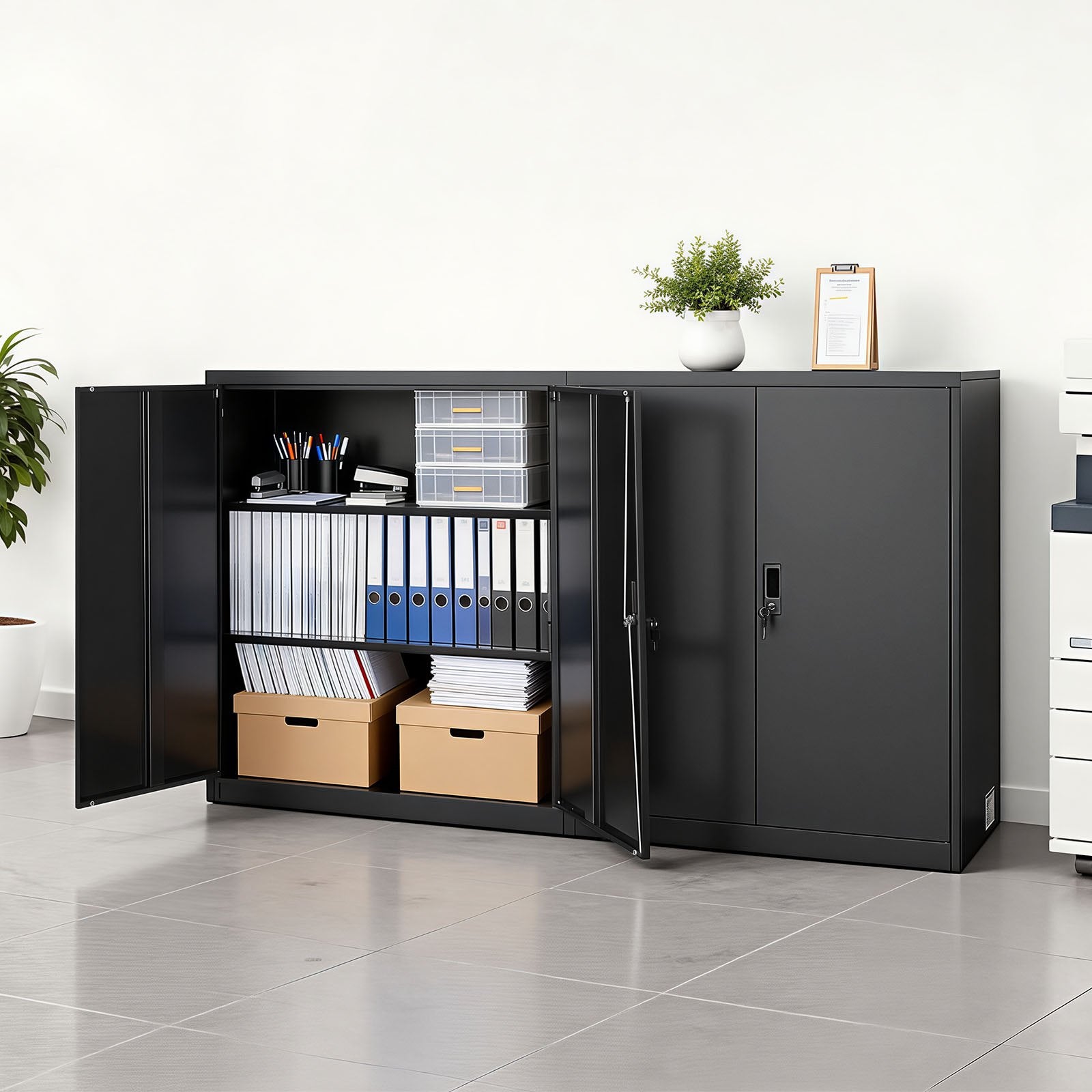 Robust Steel Garage Cabinet, 41.7" Black Metal Storage with Lockable Doors, 3-Tier Adjustable Shelves for Office, Basement, Warehouse, Pantry