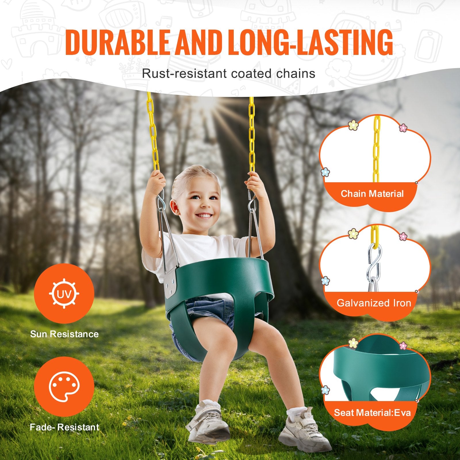 High Back Toddler Swing Seat with Coated Chains & Carabiners, 150 lbs Capacity, Fully Assembled for Indoor & Outdoor Fun, Ages 3+