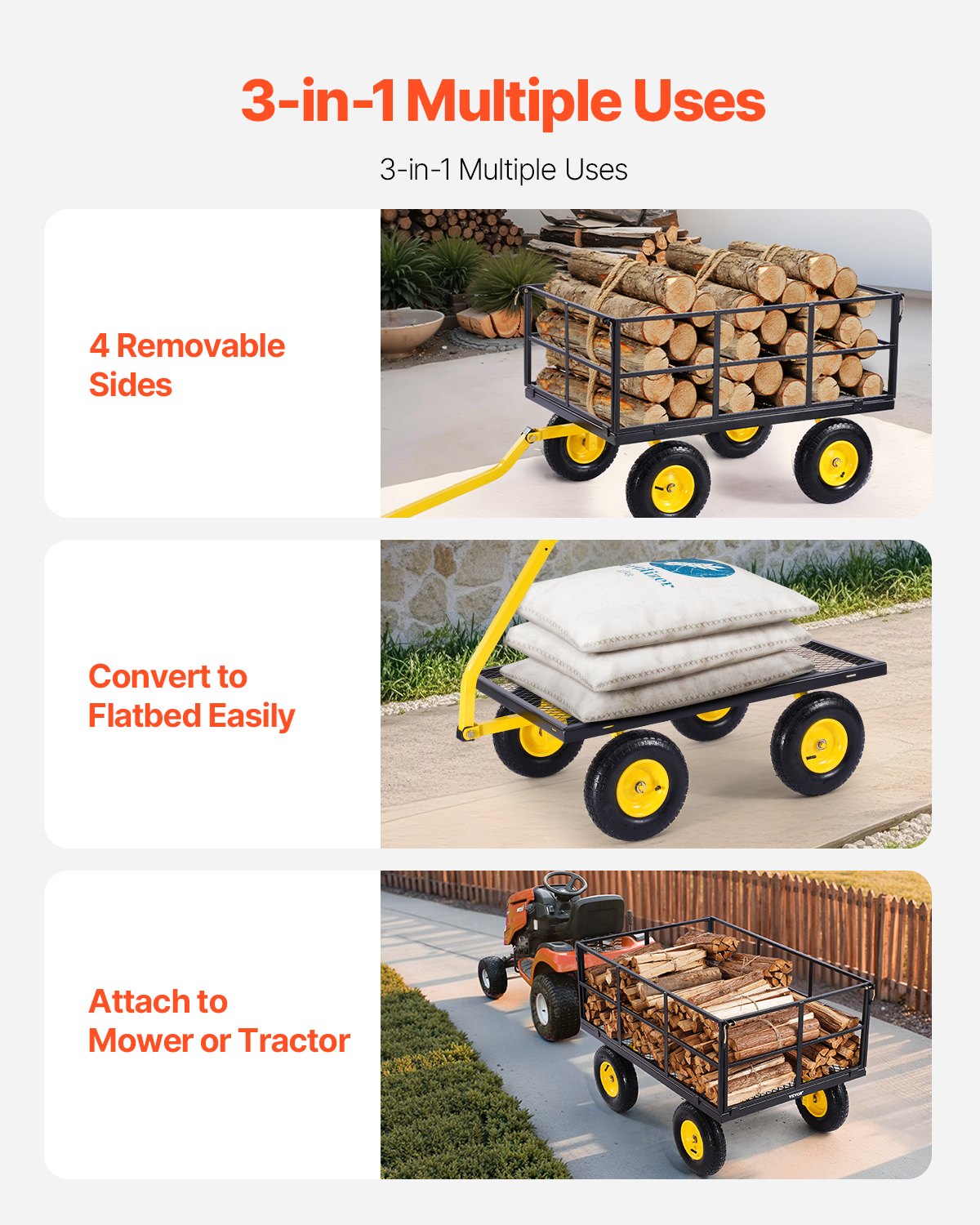 Heavy Duty 1400 Lbs Steel Garden Cart with 13" All Terrain Tires, Removable Mesh Sides, Ergonomic Handle, and Rotating Design for Outdoor Utility Use