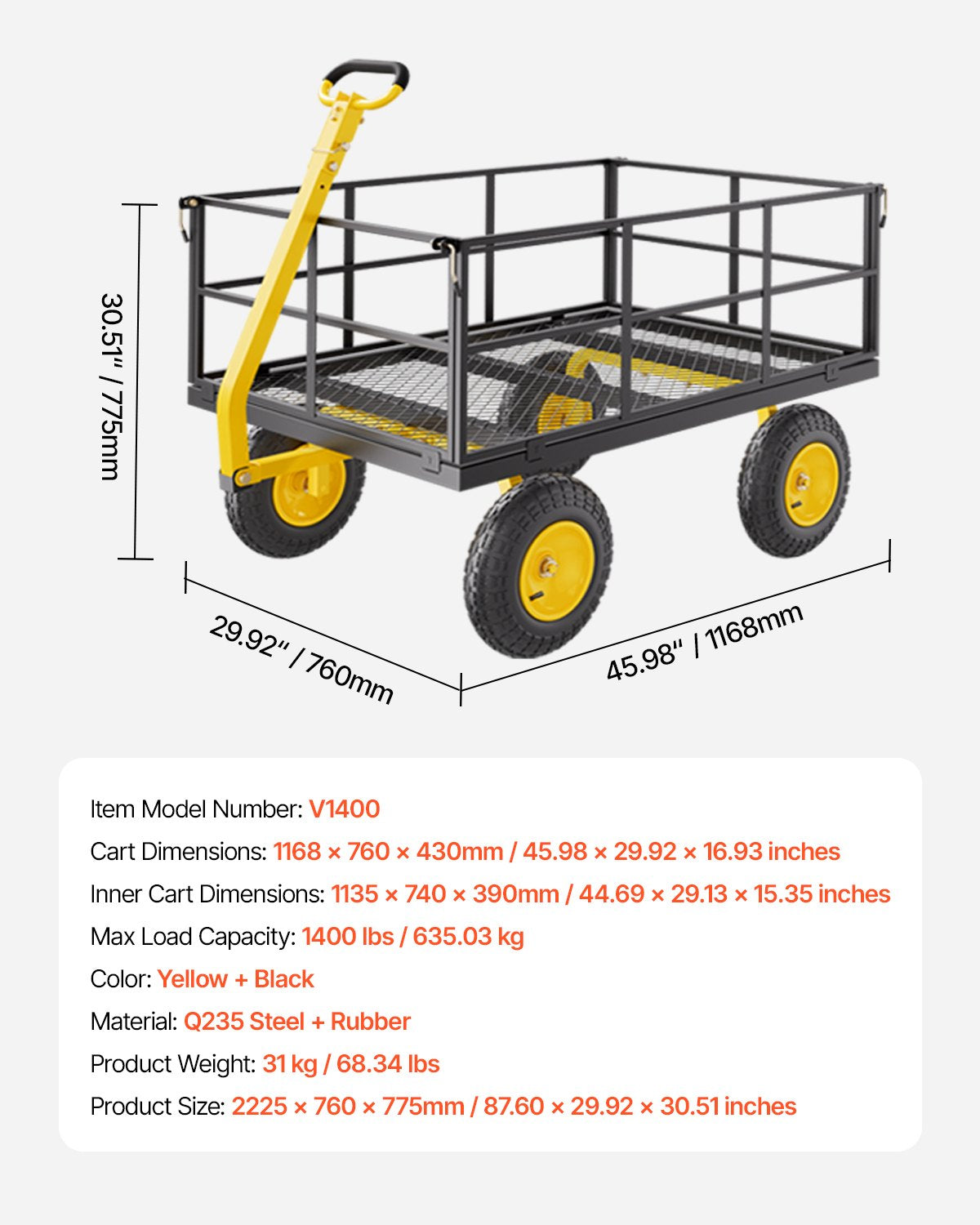 Heavy Duty 1400 Lbs Steel Garden Cart with 13" All Terrain Tires, Removable Mesh Sides, Ergonomic Handle, and Rotating Design for Outdoor Utility Use