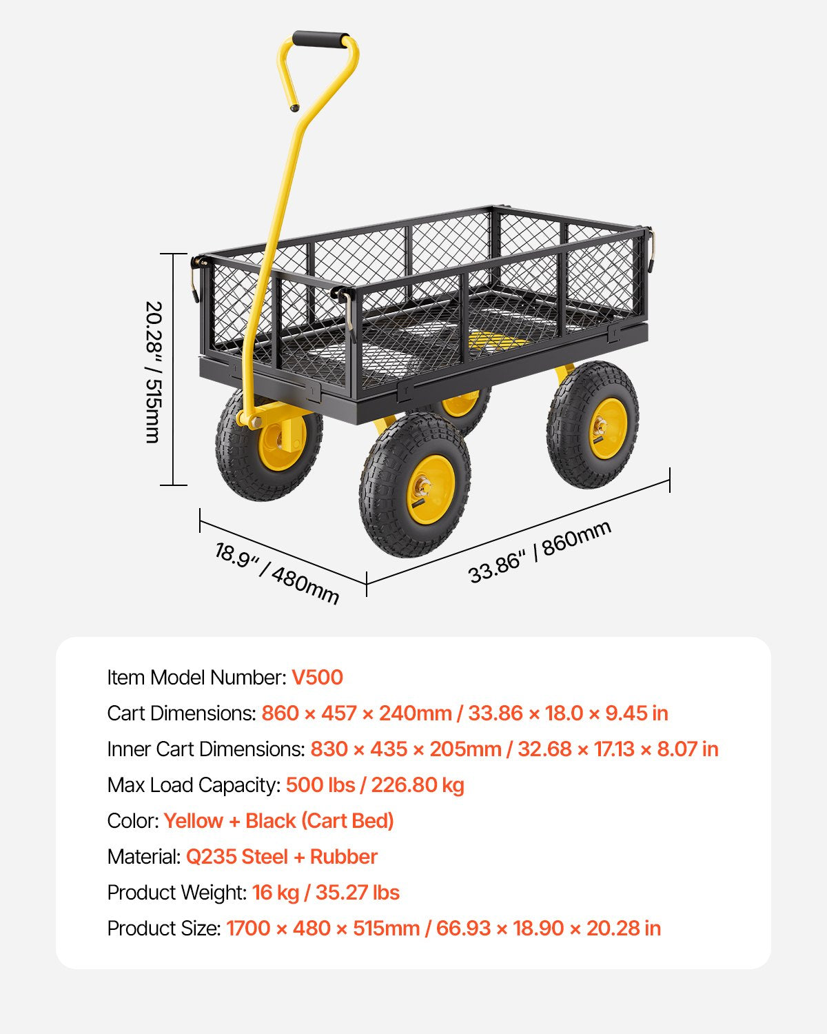 Heavy Duty 500 Lbs Steel Garden Wagon Cart with 10" All Terrain Tires, Mesh Sides, Rotating Handle - Ideal for Yard and Utility Tasks