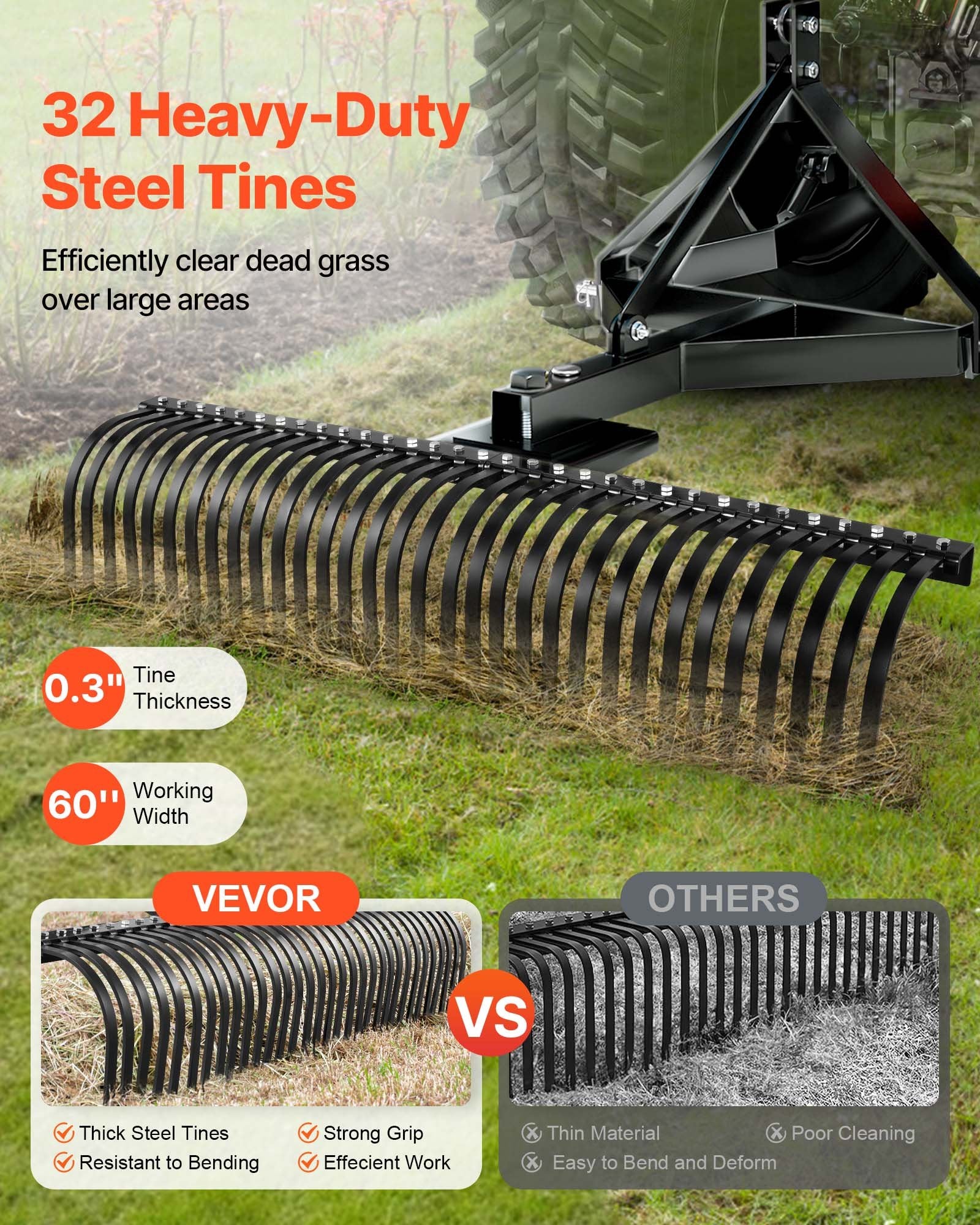 Heavy-Duty 60" Pull-Behind Thatch Remover with 32 Steel Prongs, Tractor-Compatible 3-Point Hitch for Efficient Lawn and Soil Maintenance