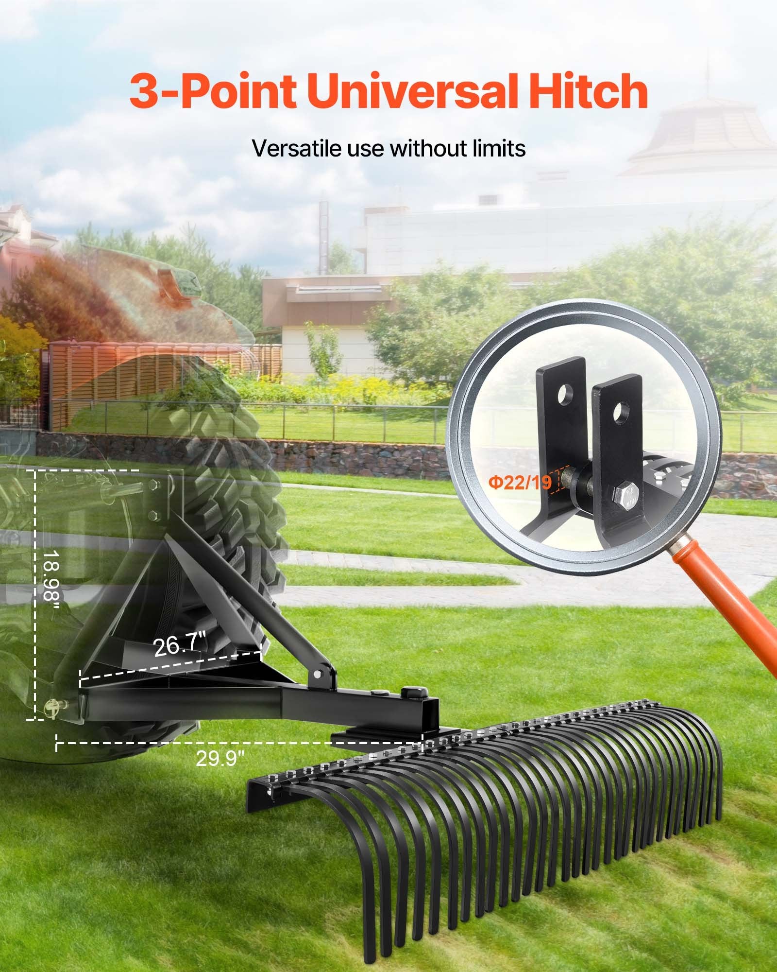 Heavy-Duty 60" Pull-Behind Thatch Remover with 32 Steel Prongs, Tractor-Compatible 3-Point Hitch for Efficient Lawn and Soil Maintenance